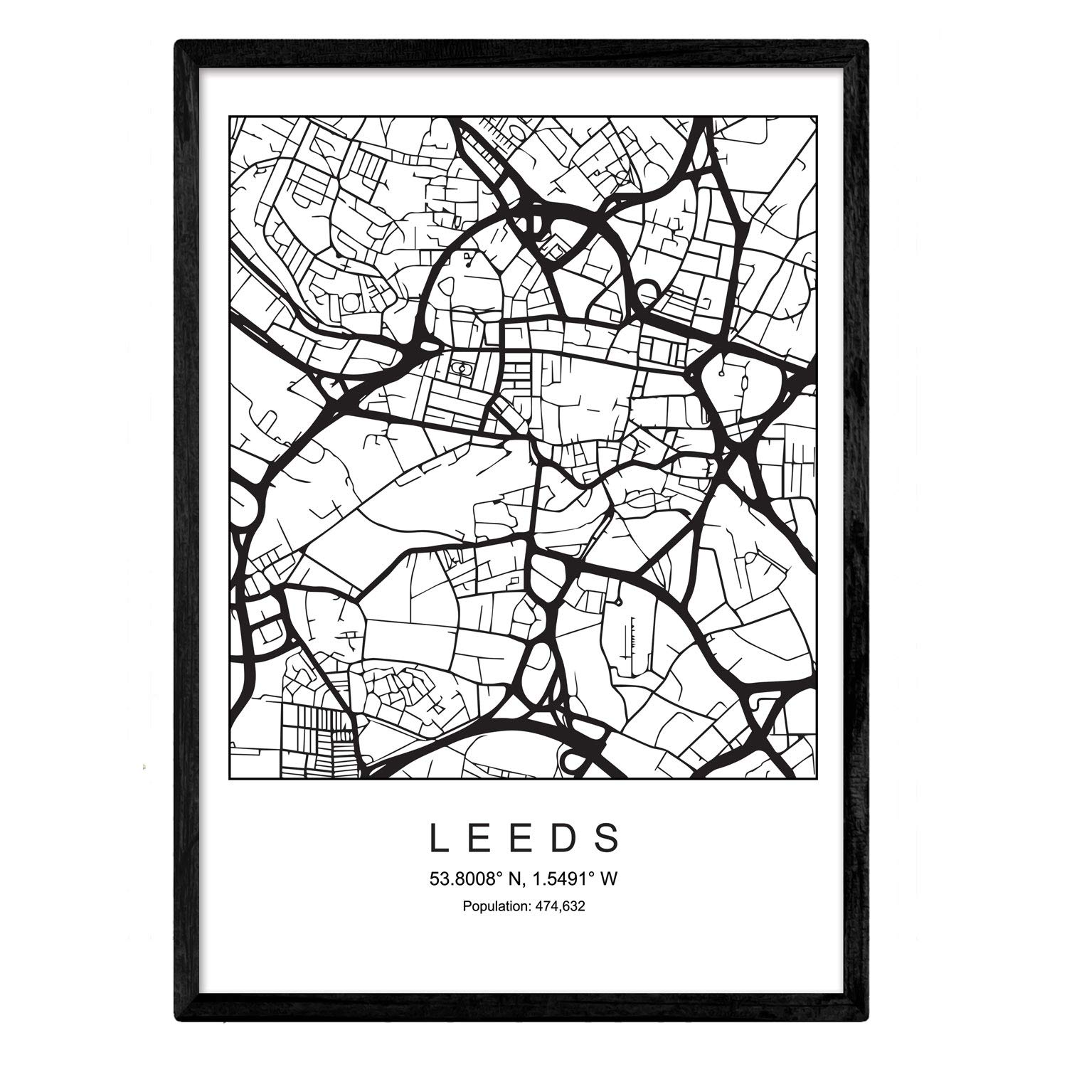 Nacnic Map blade Leeds City Scandinavian style in black and white. Poster A4 Printed paper No 250 gr. Paintings, prints and posters for living room and bedroom โ image 1