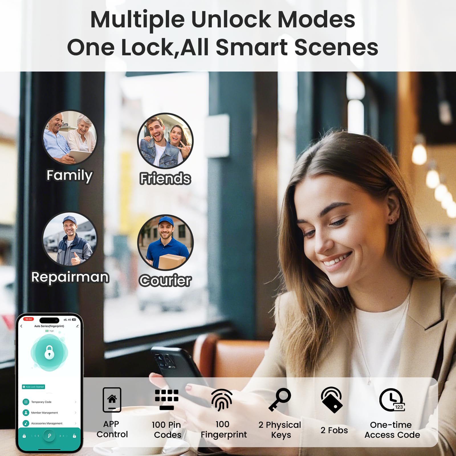 Keyless Entry Door Lock, Smart Door Lock, Smart Deadbolt Lock with Keypad, Auto & One Touch Lock | Smart Locks for Front Door | Easy Installation | Exact Fingerprint | App Control | 12-Month Battery