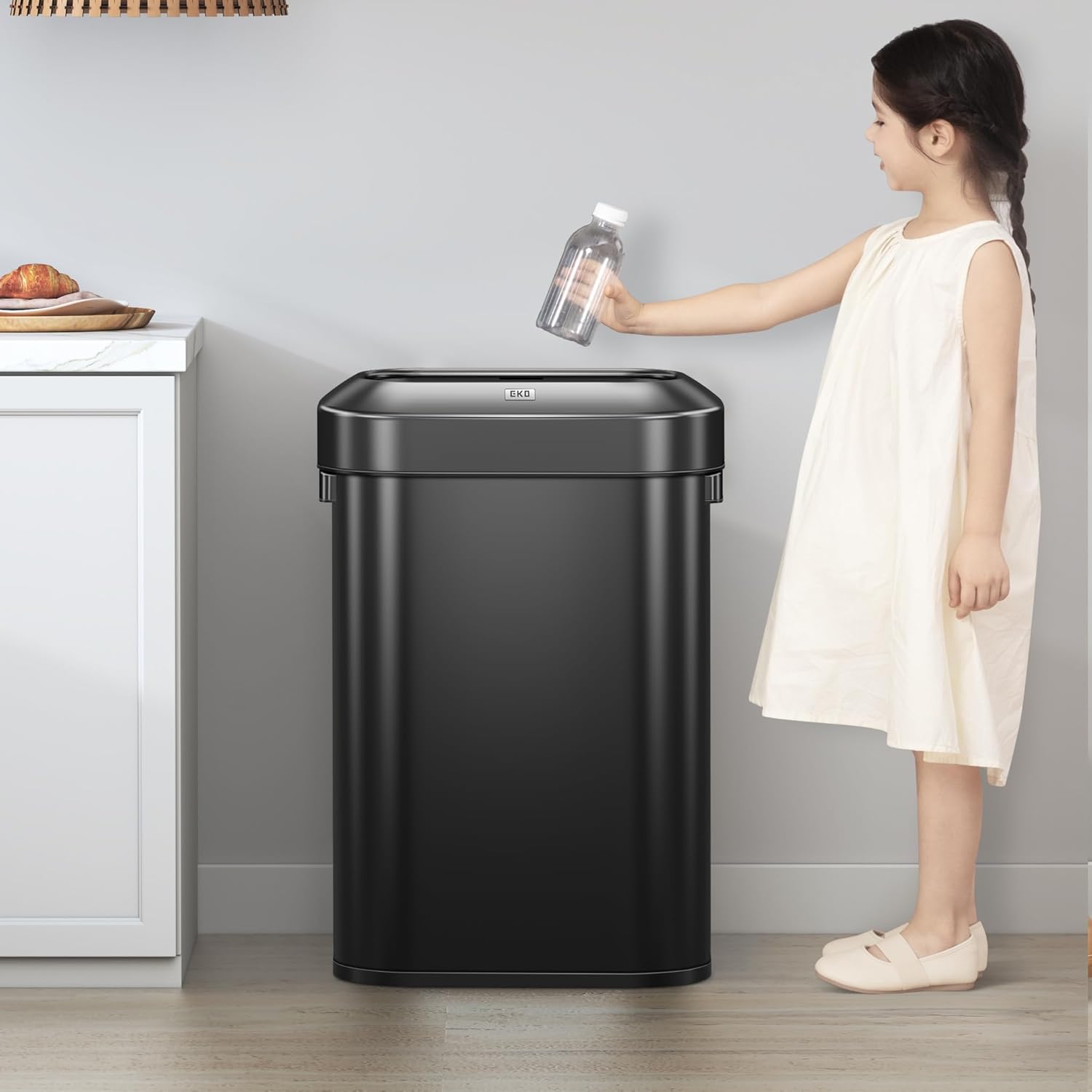 eko urban 24 gallon/90 liter open top stainless steel slim commercial trash can, tall kitchen trash bin, heavy-duty commercial grade large garbage bin for home, office, hotel, restaurant, matte black matte black 90 liter, slim