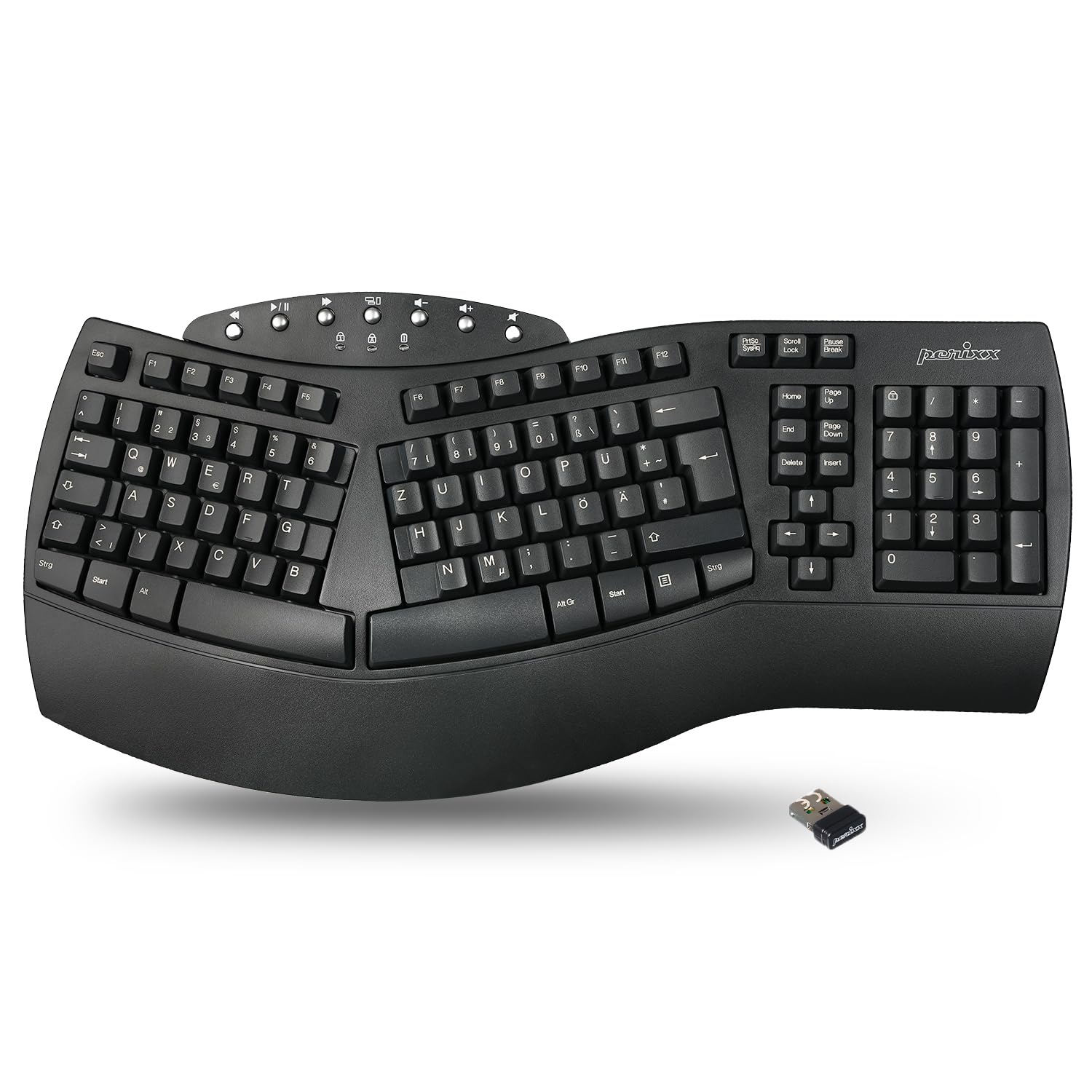 Perixx PERIBOARD-612 Ergonomische Kabellose Tastatur, Geteiltes Tastenfeld mit Dual Modus 2.4G oder Bluetooth, Kompatibel mit Windows 10 und Mac OS X, Schwarz, QWERTZ Deutsches Layout