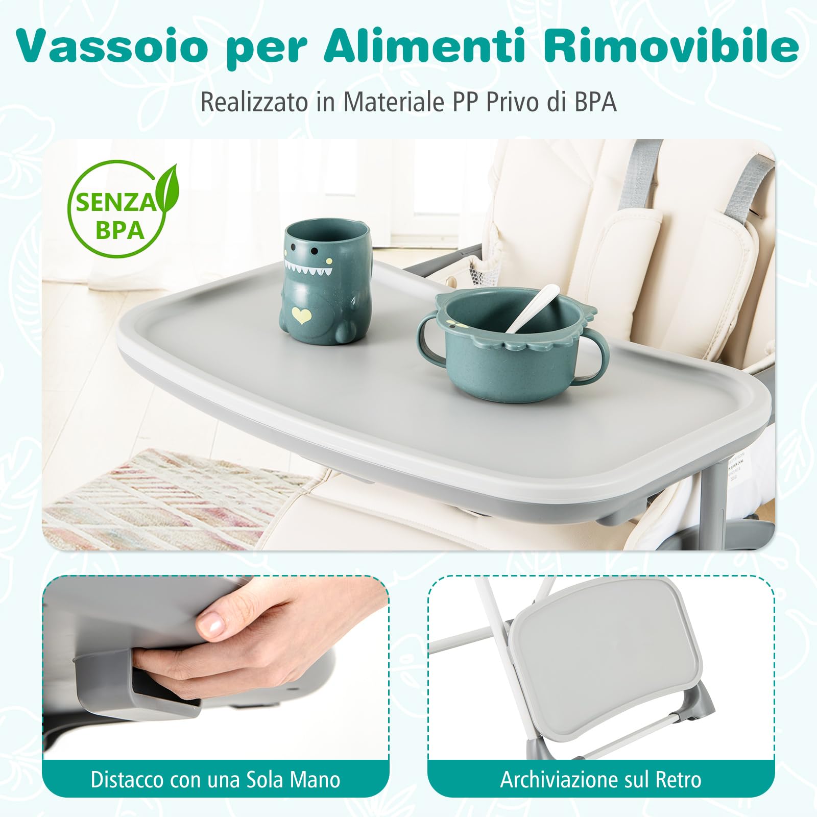 COSTWAY Seggiolone Pappa Pieghevole, Seggiolone Evolutivo per Neonati con Poggiapiedi, Vassoio Staccabile, Altezza Regolabile, Cuscino Sede in PU, Cintura di Sicurezza, per Bambini 6-36 Mesi (Beige)