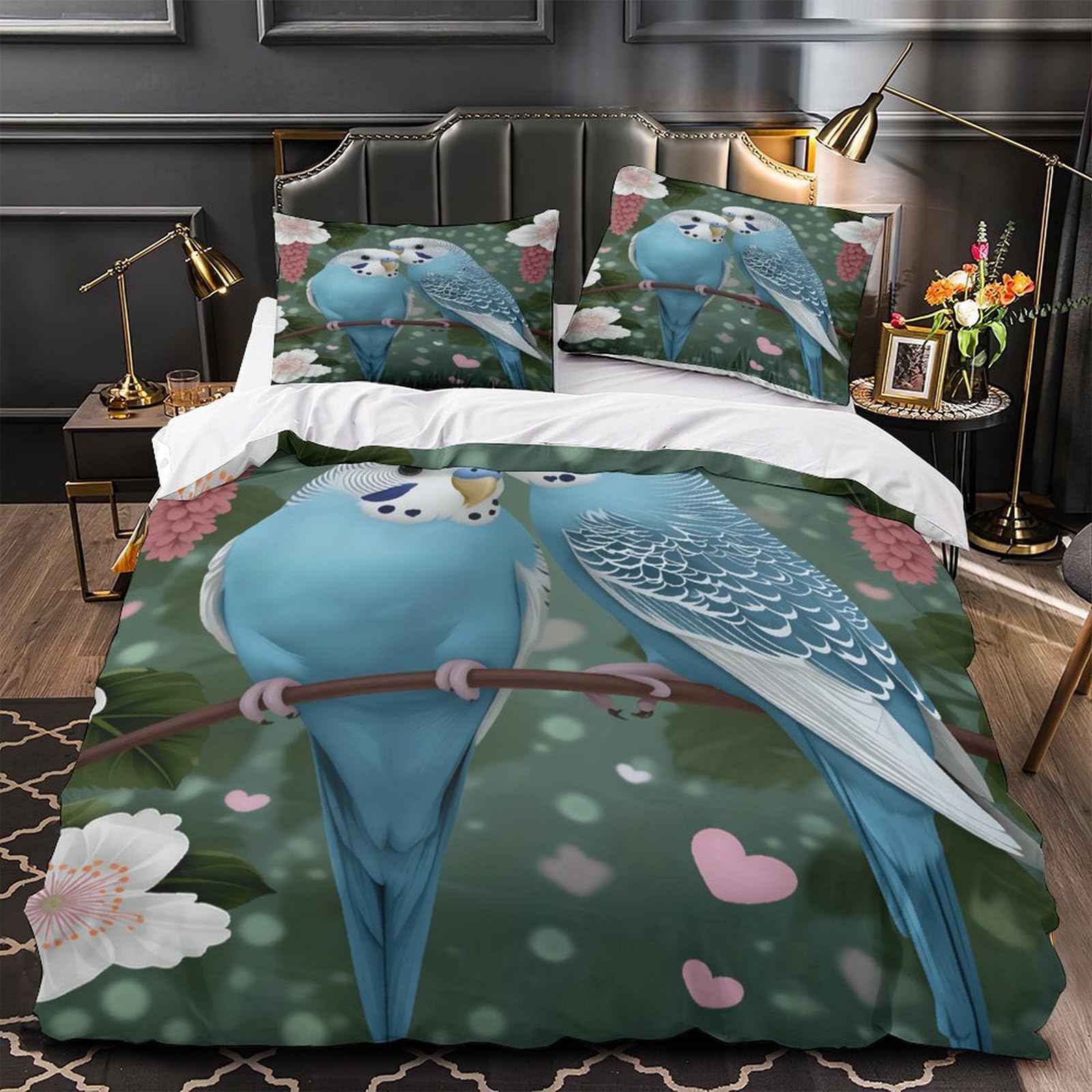 Housse de couette respirante art floral bleu lit double King en tissu microfibre effet 3D