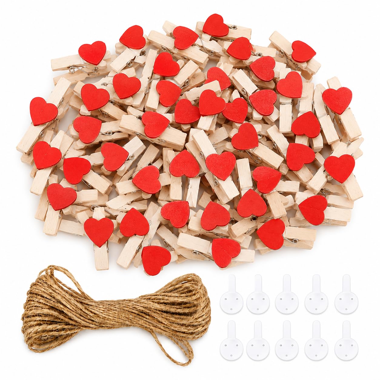 ZOOUS 50 PCS Mini Wooden Pegs Clips Photo Display Wall Decor Hanging Photo Wall, Red Heart-Shaped Paper Photo Clips Pins Coloured Arts Crafts Home Office