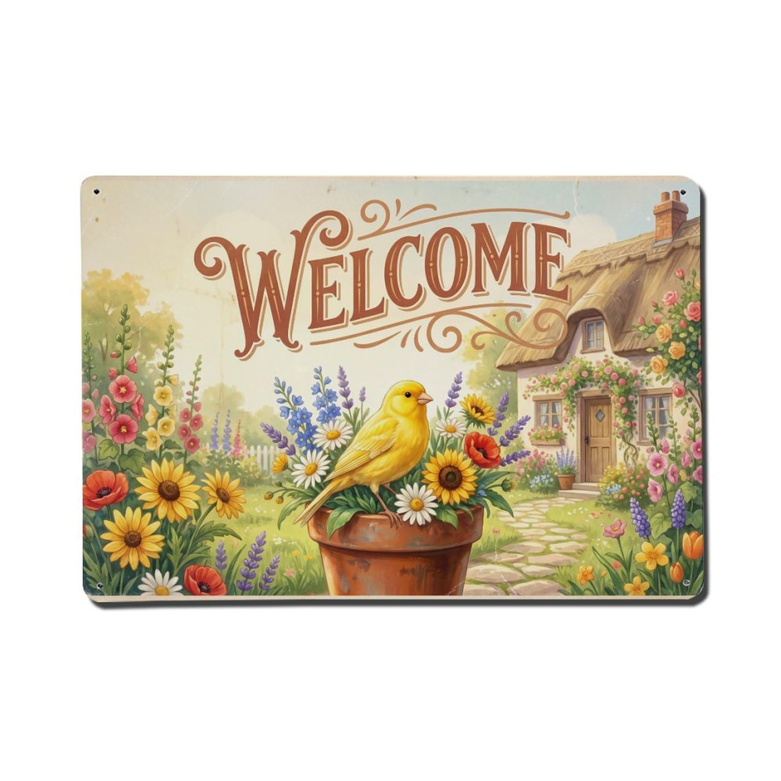Vintage Welcome Canary Warm Wishes Metal Tin Sign