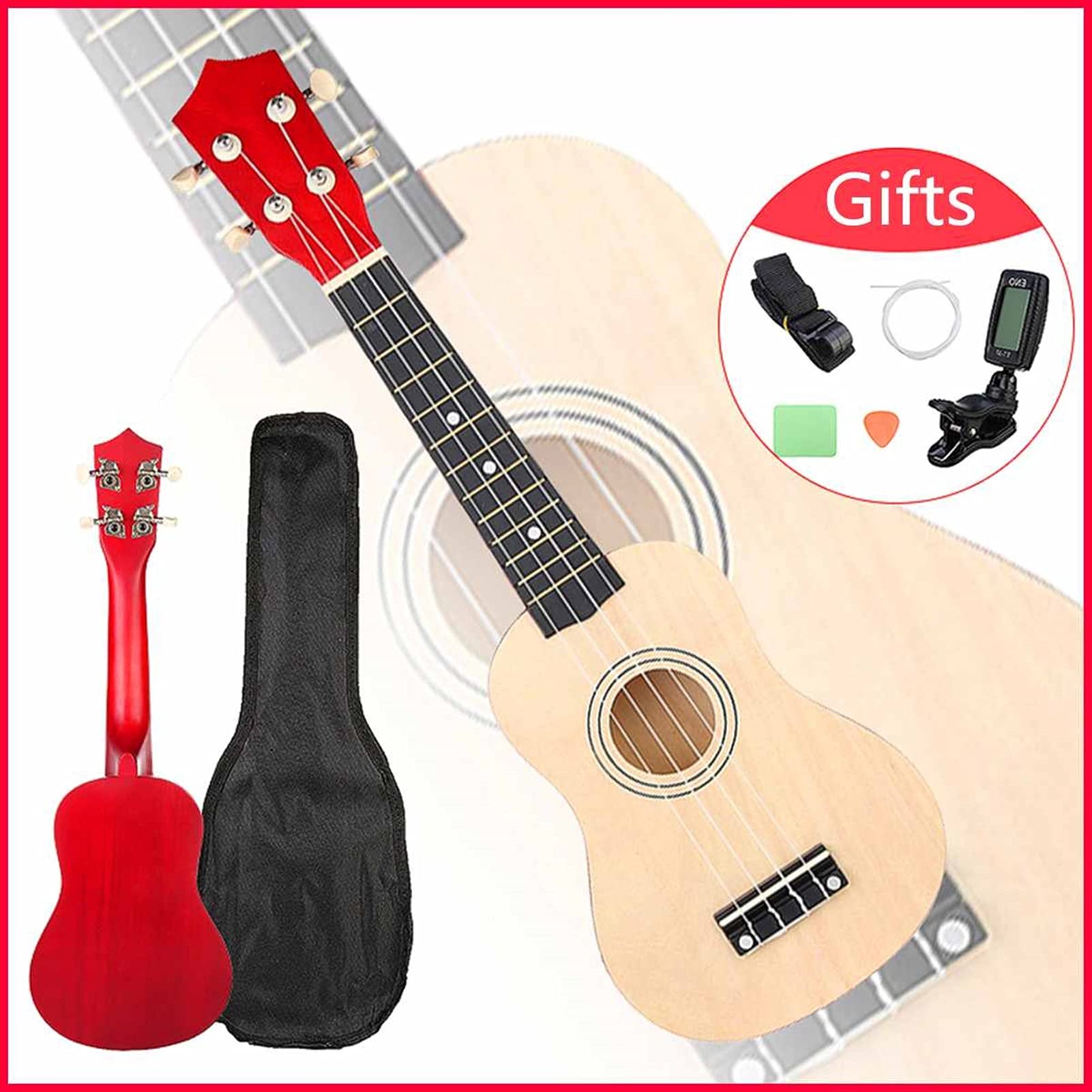 Ukulele Ukulele Combo 21 Ukulele Gitarre Sopran 4 Saiten Uke Hawaii Bass Saiten-Musikinstrument-Sets + Stimmgerät + Saite + Riemen + TascheB