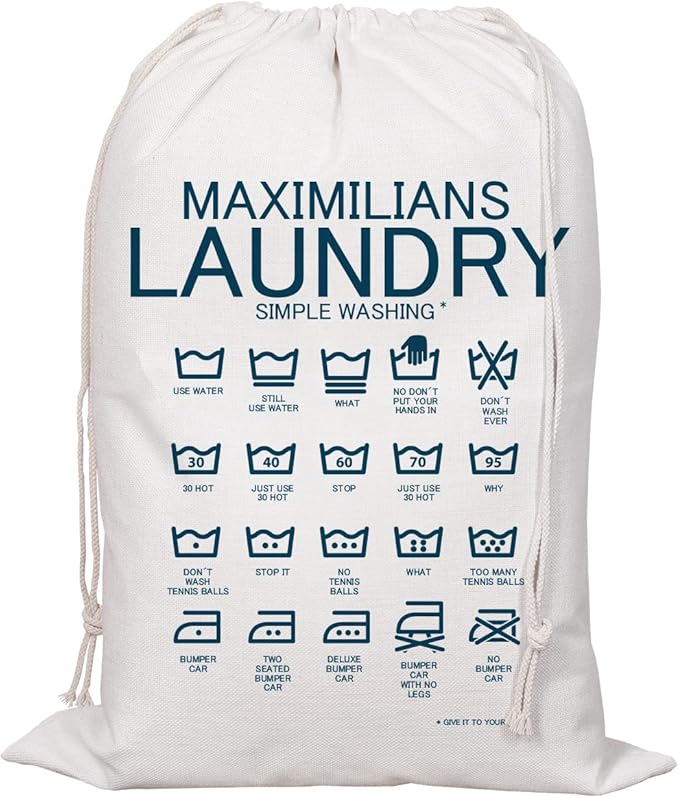 Herz & Heim® Wäschesack mit lustigen Wäschesymbolen und Gratis Aufdruck Ihres Wunschnamens 40 cm x 50 cm (B/H)