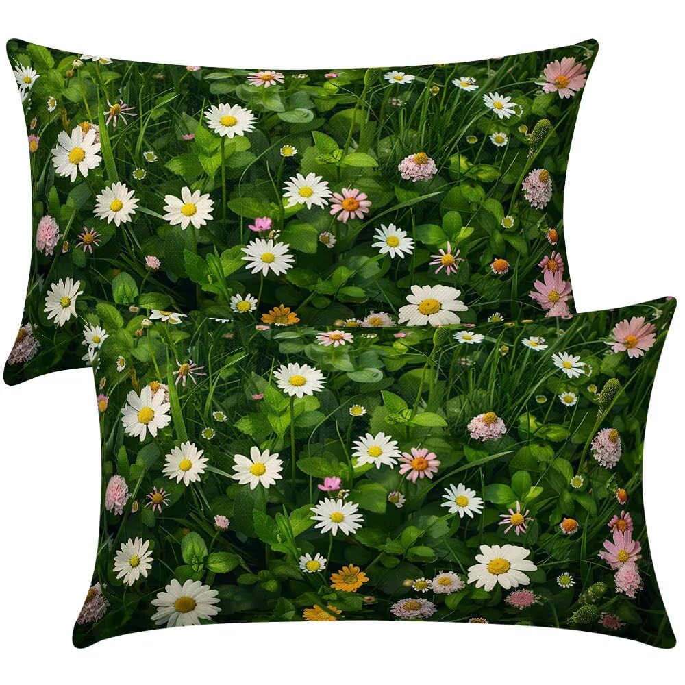 Cushion Covers 20cm x 30cm Green Wildflowers Cushion Cover 8 x 12 Inches Pack of 2 Throw Pillow Covers Spring Summer Sofa Cushions Decorative Pillowcases for Living Room Bedroom Home Decor -SC363