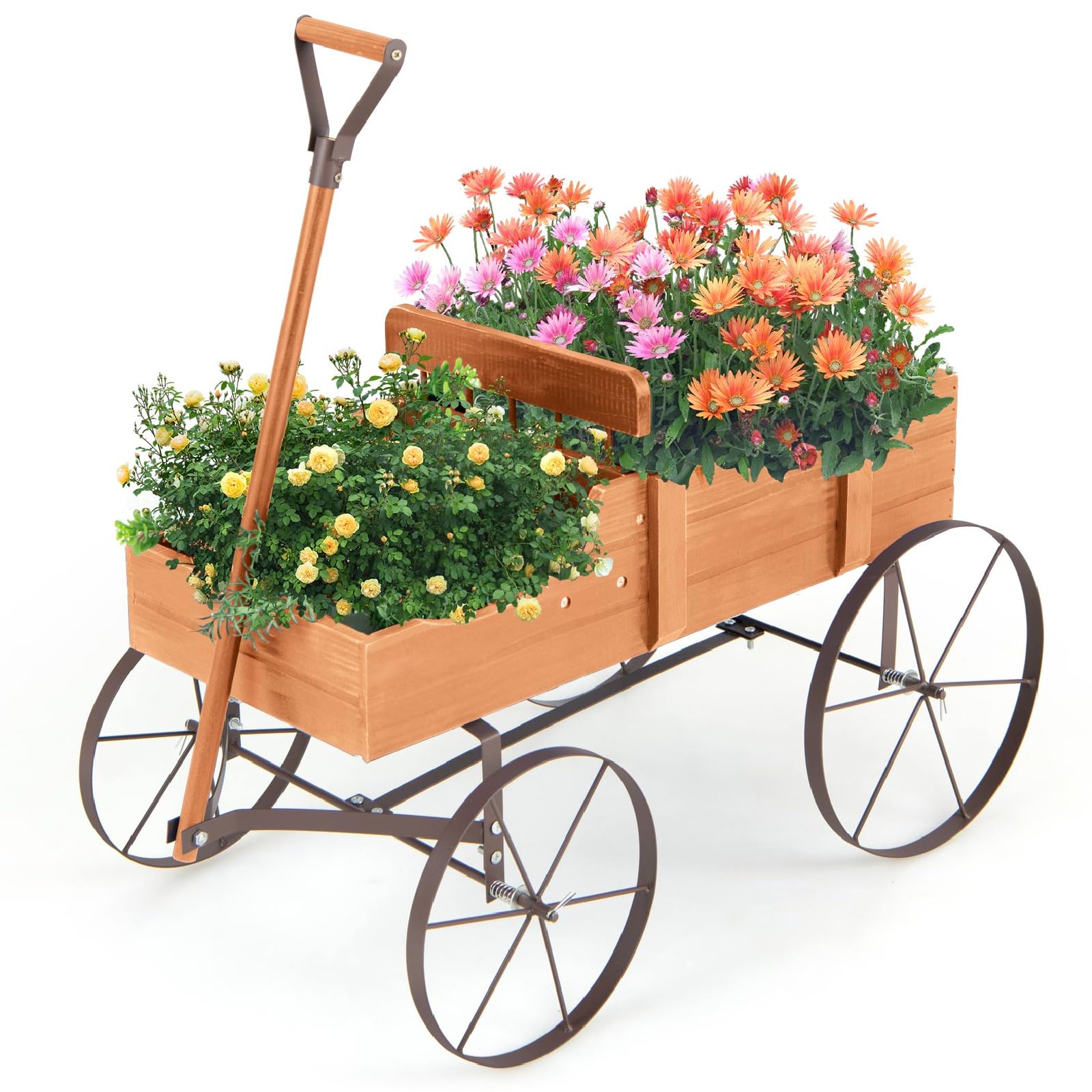 TANGZON Wagon Garden Planter, Decorative Plant Pot Stand with Rotatable Handle & 4 Wheels, Indoor Outdoor Wooden Flowers Wagon Cart for Park, Backyard and Patio (Orange) โ image 1