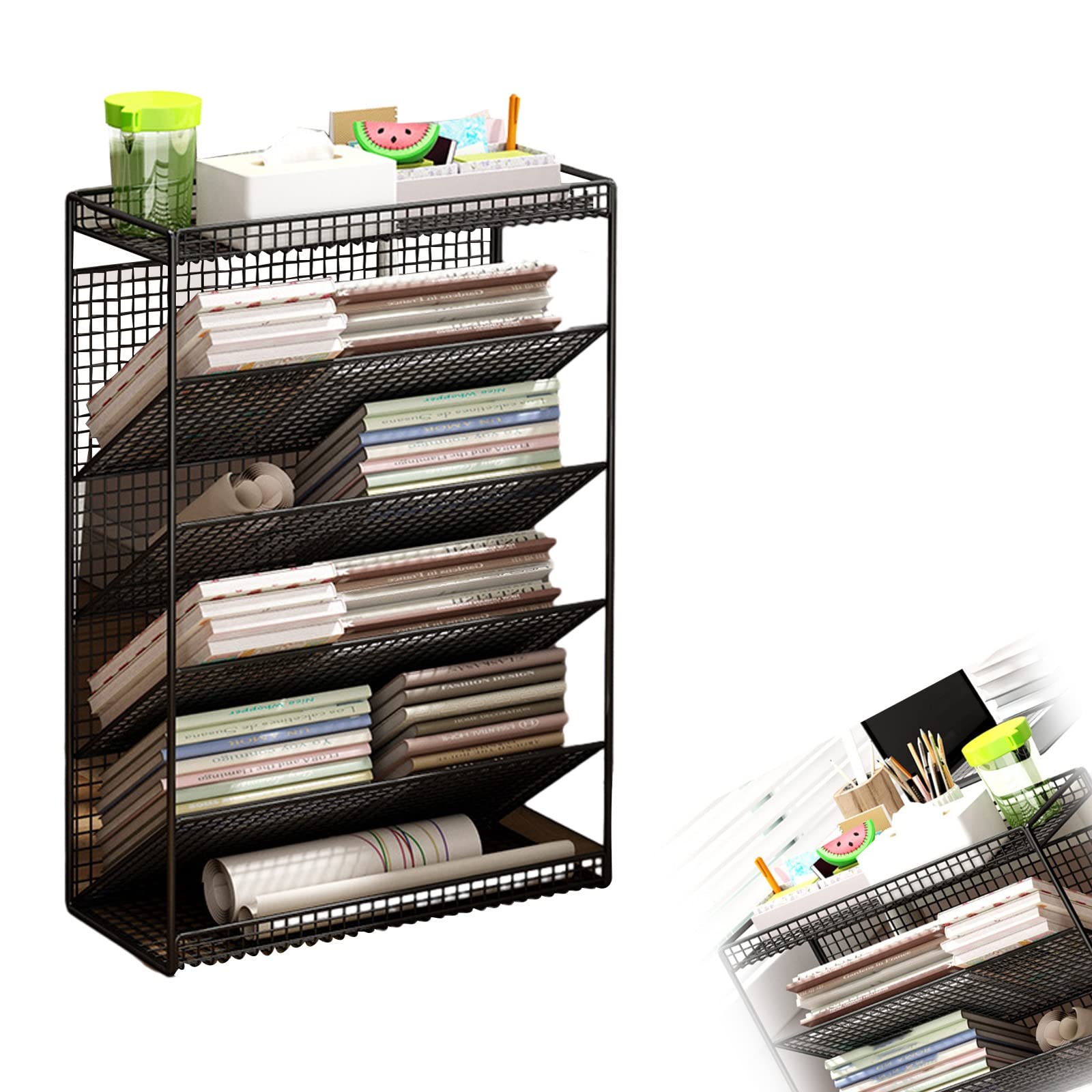 Scaffale portaoggetti laterale da scrivania, carrello con ruote, ampio tavolo con laminati inclinati, facile accesso ai libri, per camera da letto, soggiorno, aula