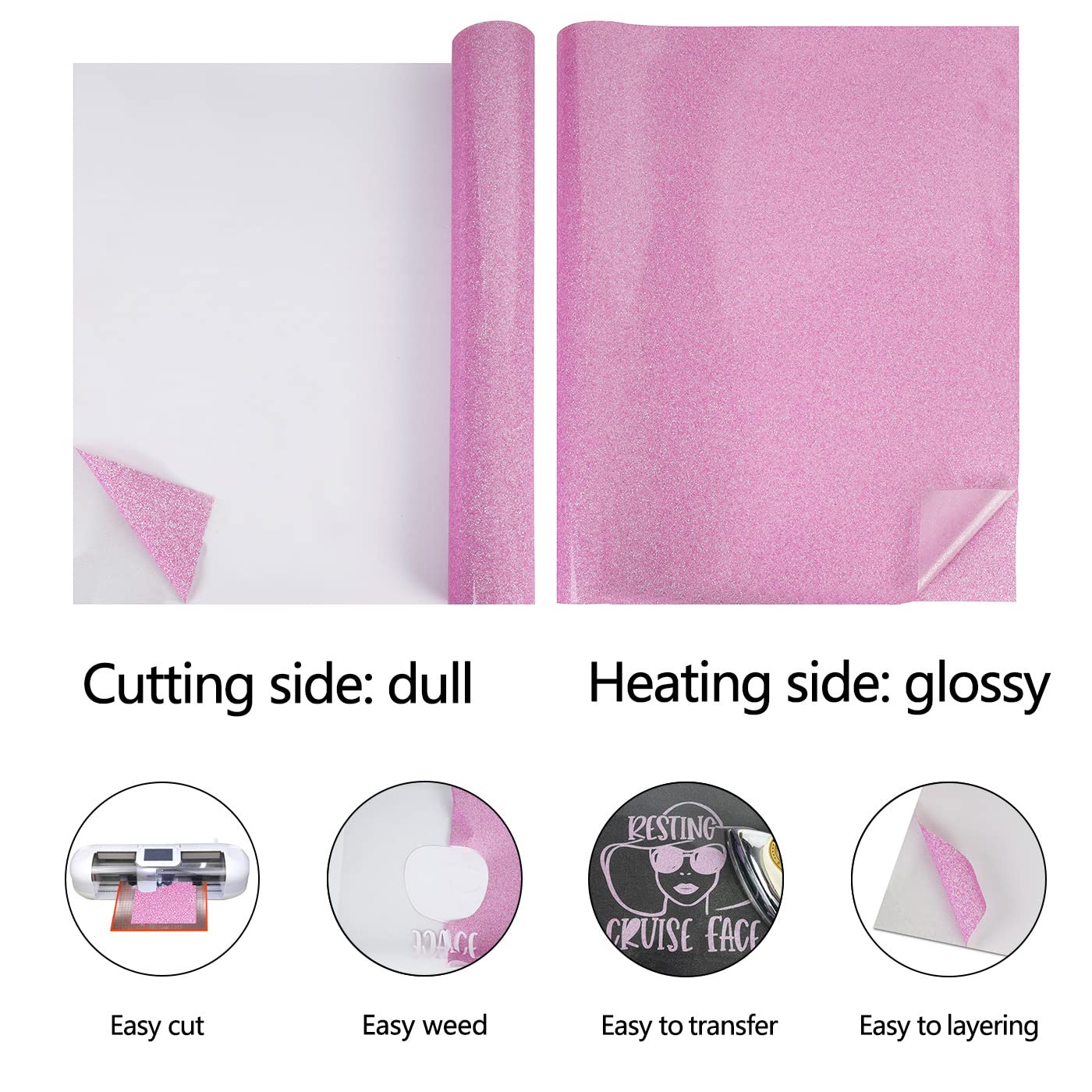Guangyintong Glitter Pink Heat Transfer Vinyl - 12x8ft HTV Roll For T-Shirts & Crafting