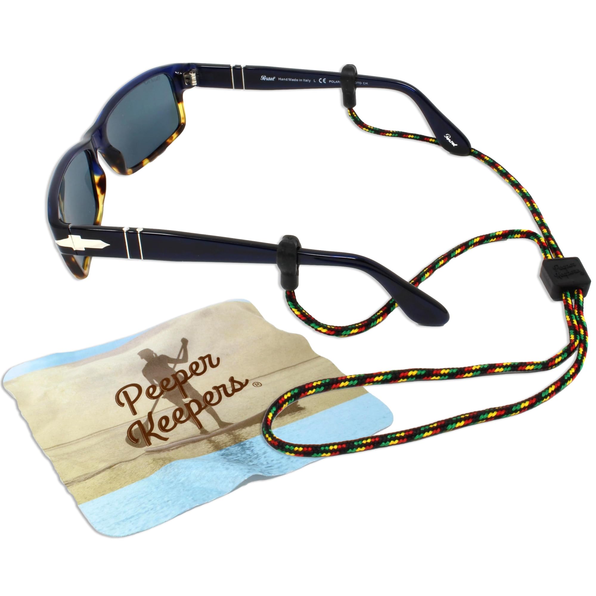 Eyeglass Retainer &amp; Sunglass Holder By Peeper Keepers Supercord Adjustable, Rasta Multi, 3pk | w/Microfiber Cloth