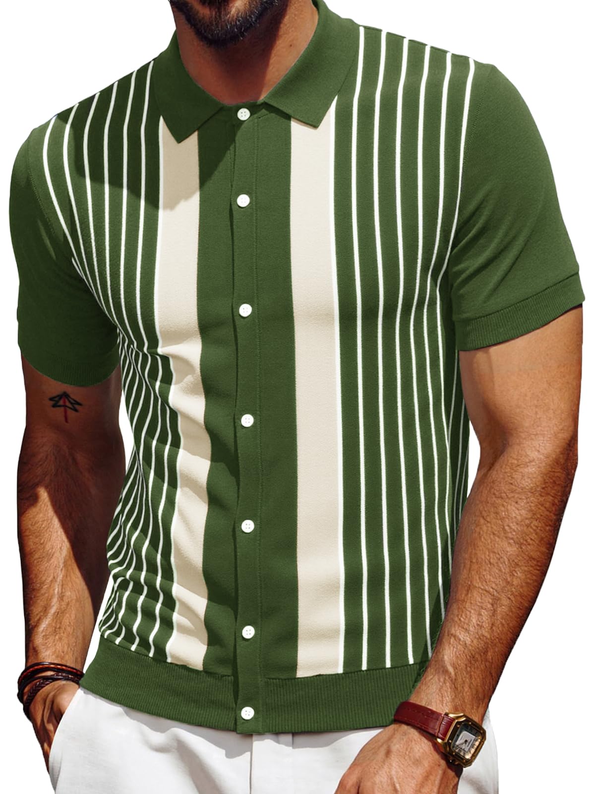 Les umes Polo Uomo A Righe Retro Cardigan Con Maniche Corte Cotone Estate Golf Casual