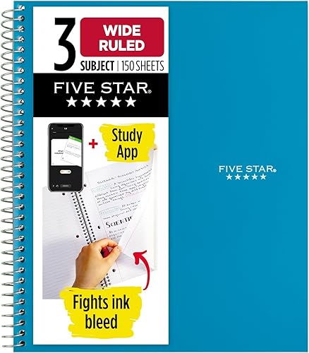Five Star, cuaderno en espiral, 3 materias, con papel rayado ancho, 150 hojas, 10-12 x 8 pulgadas, Verde azulado