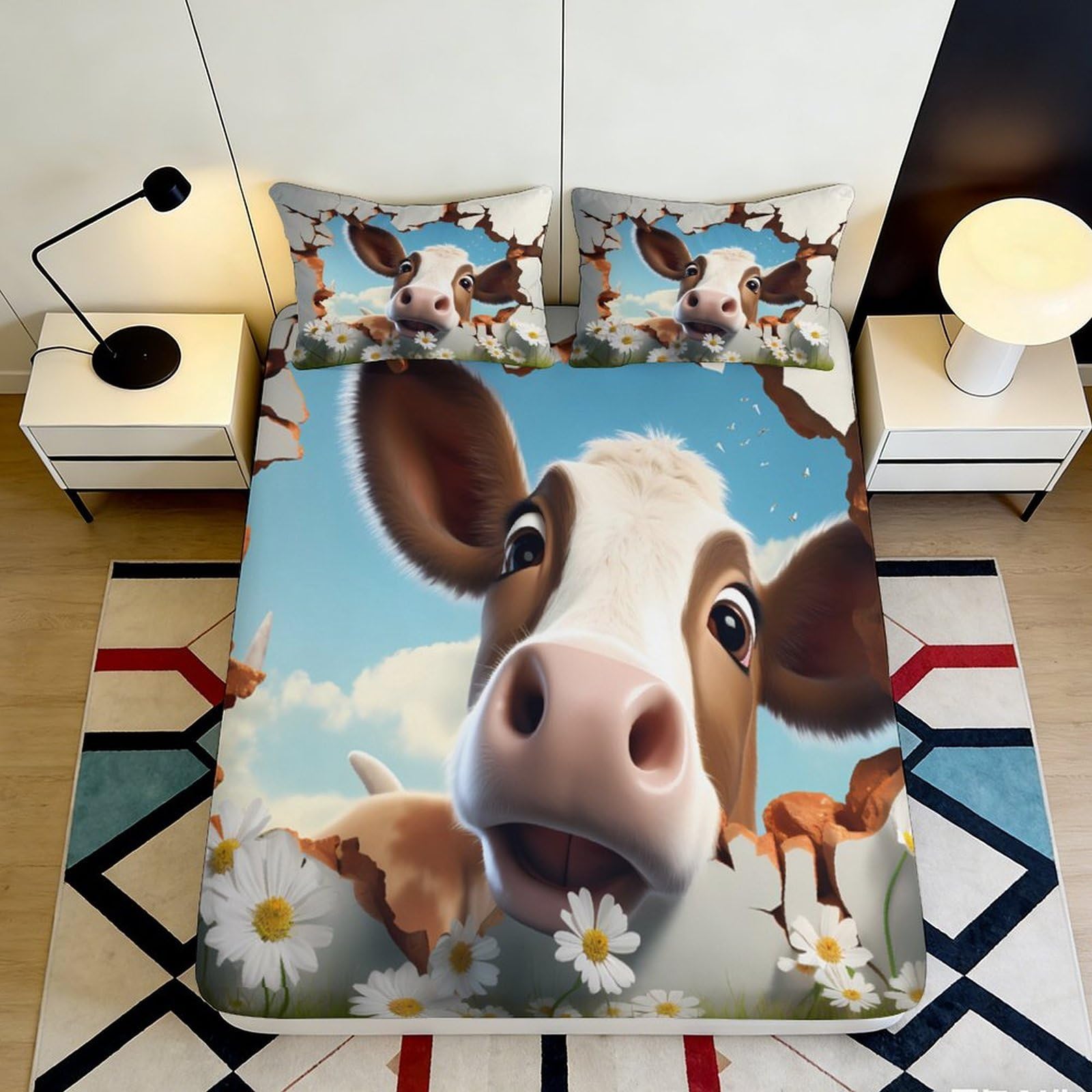 Jqzkxnhpbr Style-10 3D Printed Cartoon Cow Fitted Sheet Microfiber Soft Anti-Slip Farm Pasture Bed Cover For Bedroom Dorm Mattress Decor 90X200x25cm