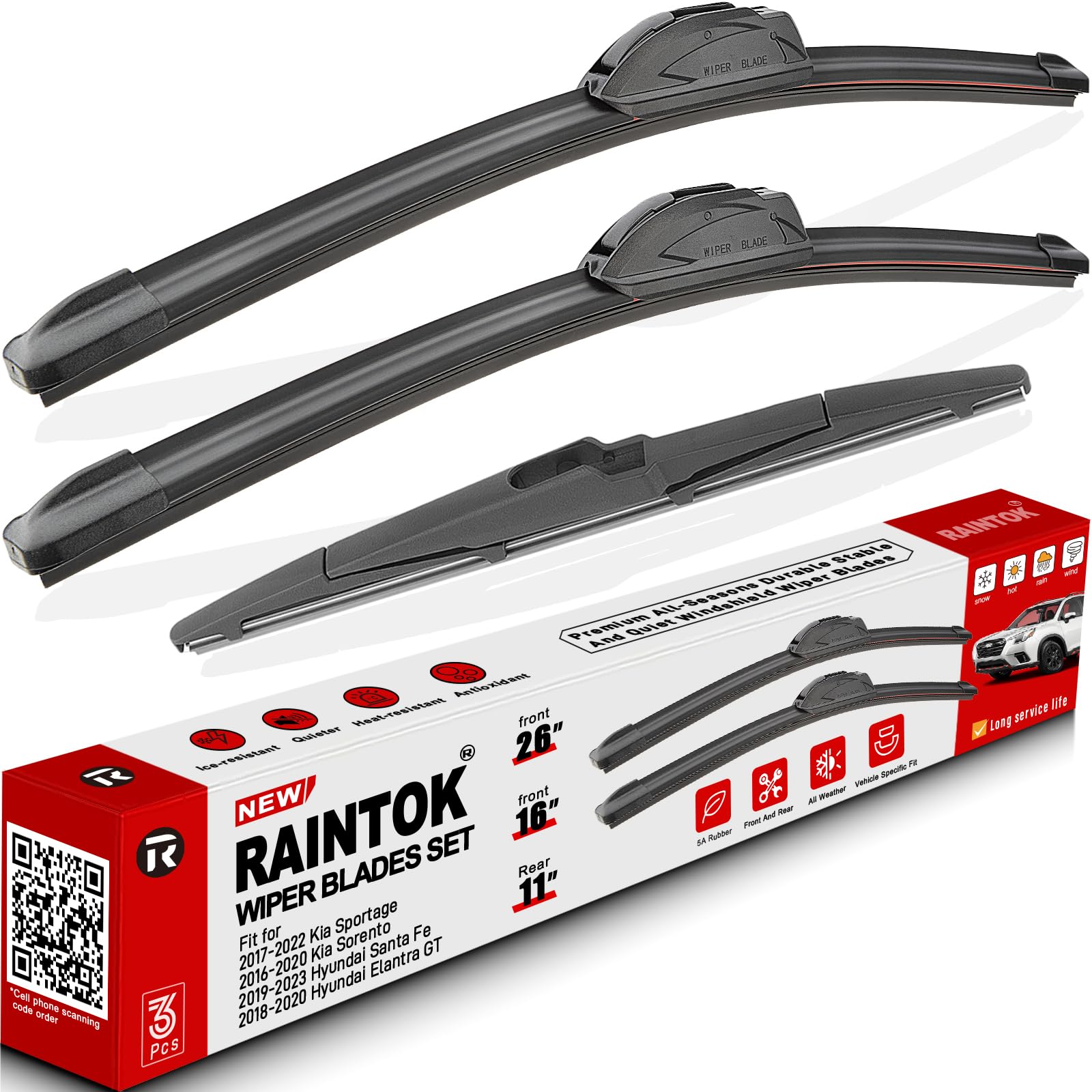 Windshield Wiper Blades Replacement for 2017-2022 Kia Sportage / 2019-2021 Hyundai Santa Fe / 2016-2020 Kia Sorento Original Factory Quality Front Rear Wipers Blade Set - 26" 16" 11"