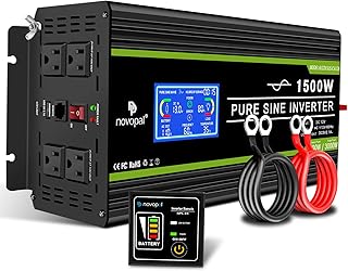 Novopal 1500 watt Pure Sine Wave Power Inverter DC 12V to 110V/120V Converter 4 AC Outlets Car Inverters with USB Port 16.4 Feet Remote Control and LCD Display