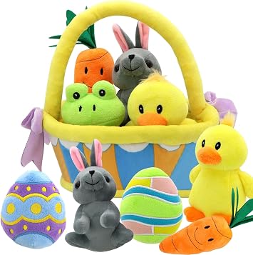 JOYIN 7 PCS Easter Basket Stuffers Playset Plush Bunny Chick Frog Carrot Egg Toys Party Favors Easter Decorations Party Gifts Supplies, Original Style Plush Baby, Girls Boys Toddler Kids of All Ages