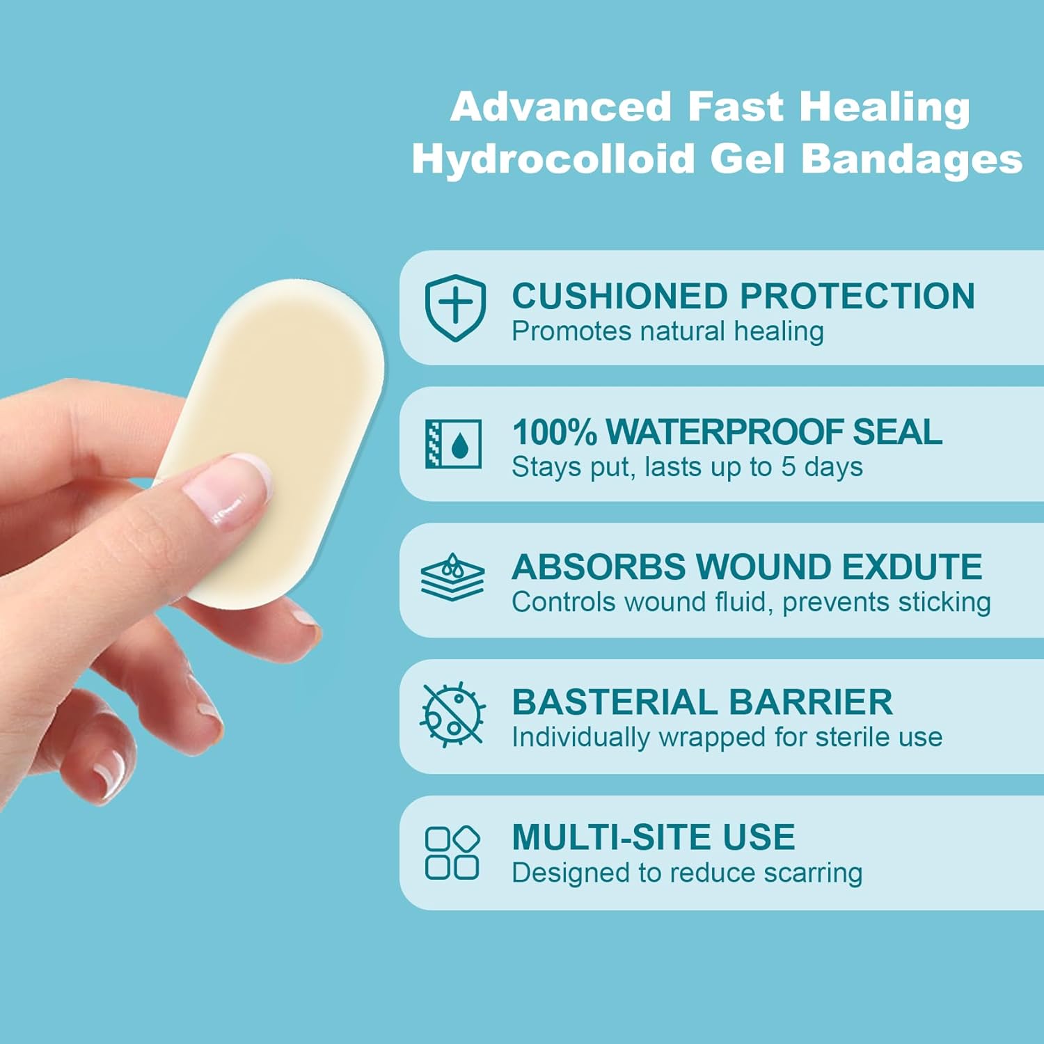 Dodanros Advanced Fast Healing Hydrocolloid Gel Bandages, Adhesive Wound Care Pads, 0.83 x 1.65 in, 50 Count