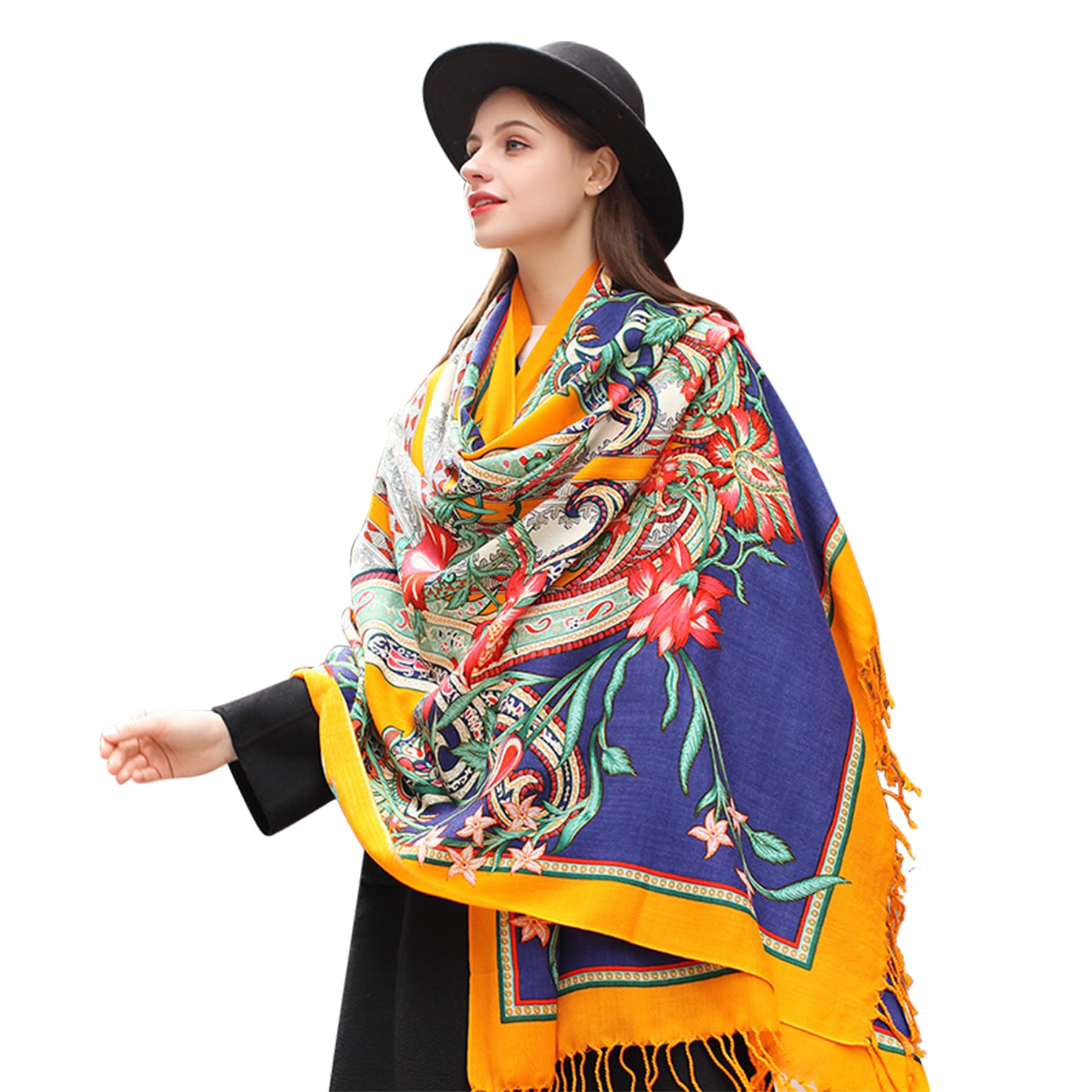 DANA XU 100% Merino Wool Extra Large Pashmina Blanket Travel Scarf Cashmere Wrap for Women Fall Winter Oversize Shawl Floral, Blue Yellow Floral, 96 * 43 INCHES