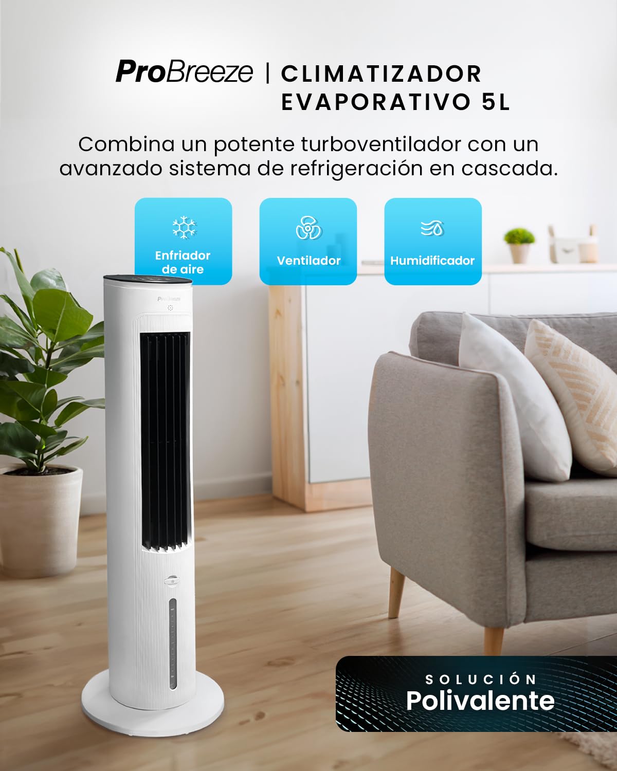 Pro Breeze OmniAir Climatizador Evaporativo Portátil 3 en 1 de 5L con Humidificación, 3 Velocidades, Temporizador 7H, Mando a Distancia y Oscilación - Enfriador de Aire Evaporativo - Blanco