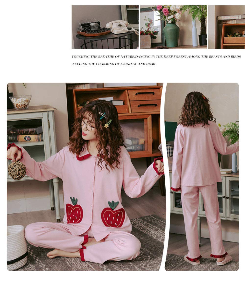 Conjunto De Pijamas De Mujer,Conjunto De Pijamas De Fresa Dulce Ropa De Dormir De Manga Larga De Algodón Top Con Botones Y Pantalones Pjs Cozy & Ropa De Dormir Suave Para El Otoño Invierno,Rosa,M