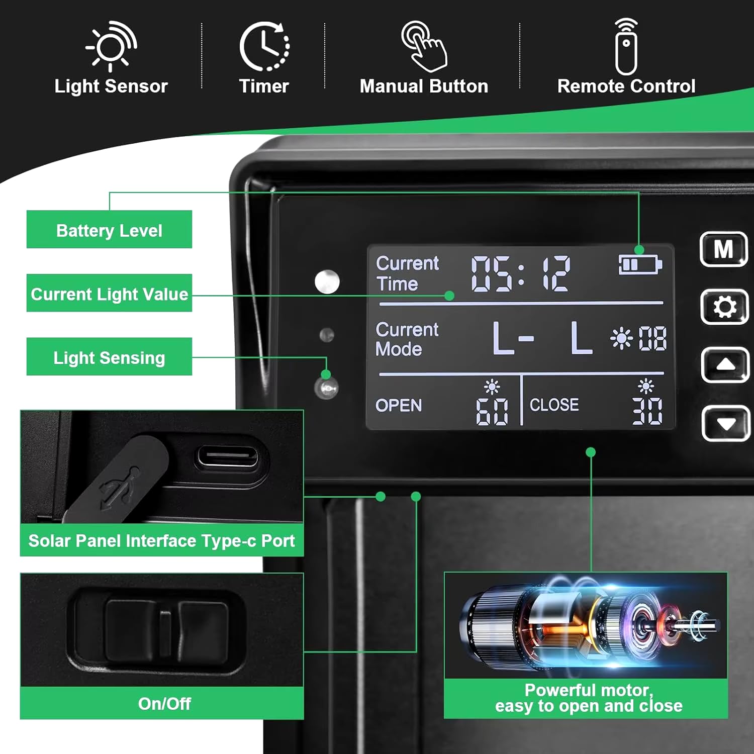 Puerta automática de gallinero solar, puerta automática gallinero de aluminio con 4 modos y temporizador, pantalla LED, sensor de luz, control remoto, anti-pellizco, sistema de alarma