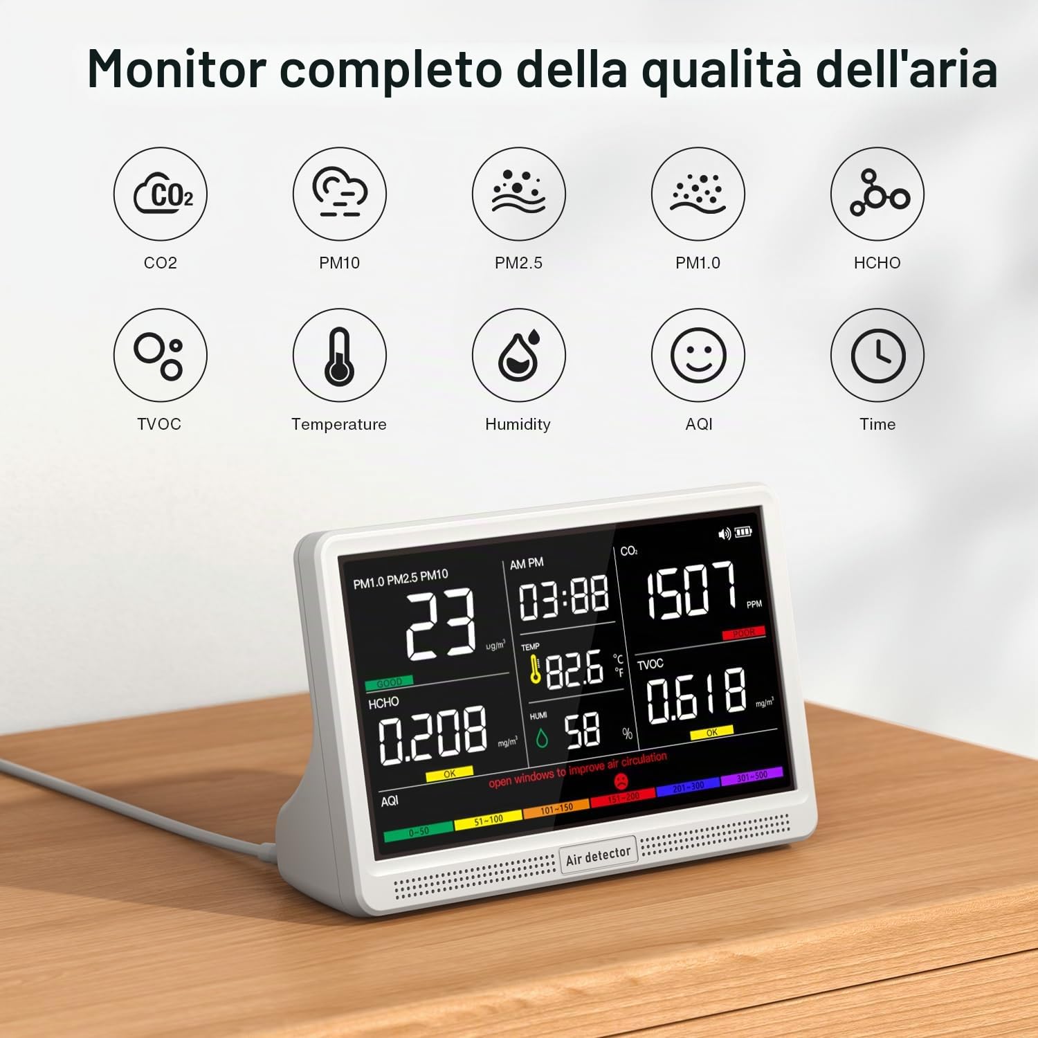 16 in 1 Monitor di qualità dell'aria per interni Display da 7 pollici 9 AQI+7 AQI Avvisi Misuratore di qualità dell'aria per CO2, TVOC, PM2.5 PM1.0 PM10, HCHO, umidità di temperatura AQI e tempo
