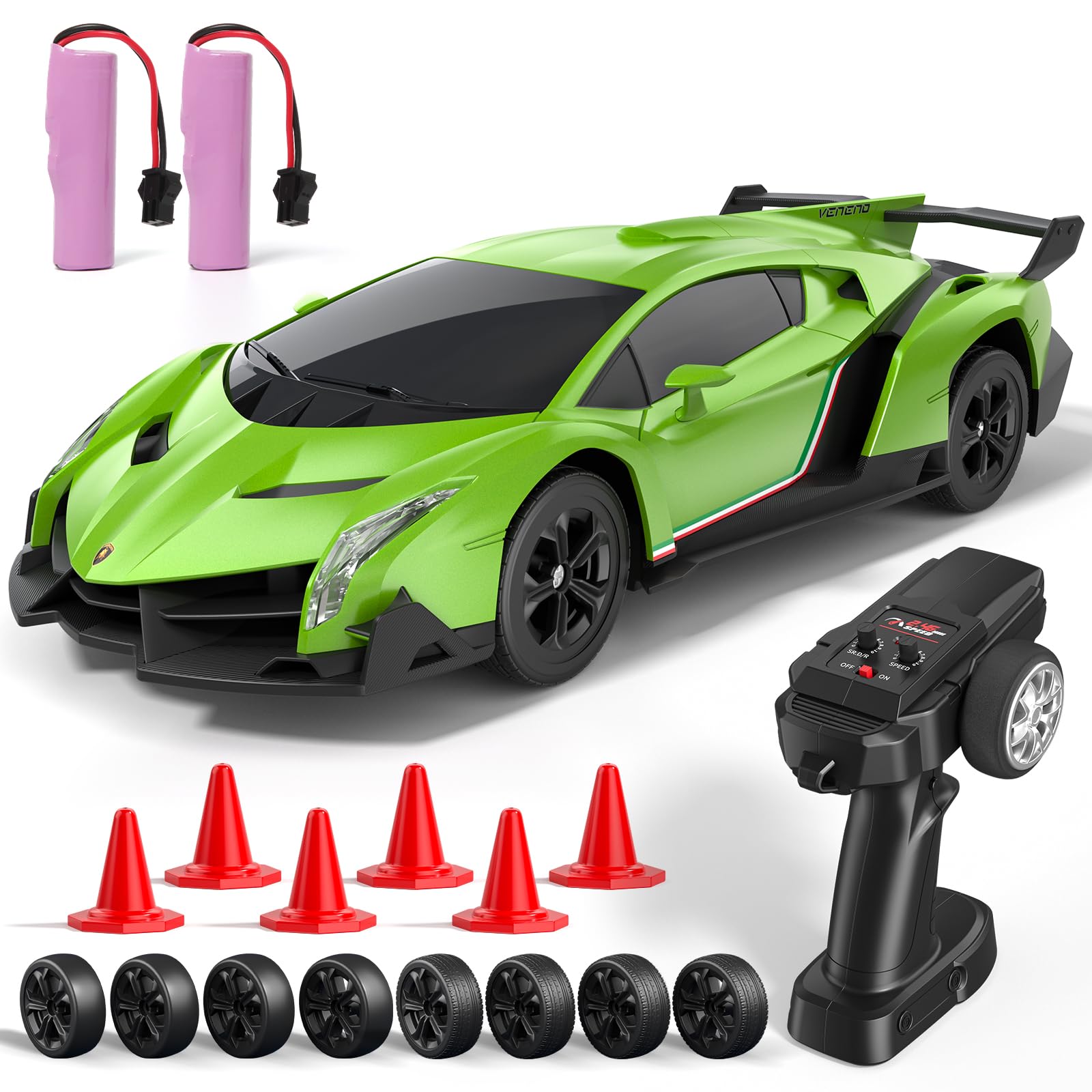 Lamborghini Remote Control Cars, 1:24 Rc Drift Car for Kids, 2.4GHz 4WD Lamborghini Toy Car with 2 Rechargeable Batteries and 2 Sets Tires 25 KM/H, Toys for 6 7 8 9 10 11 12 Year Old Boys Gifts