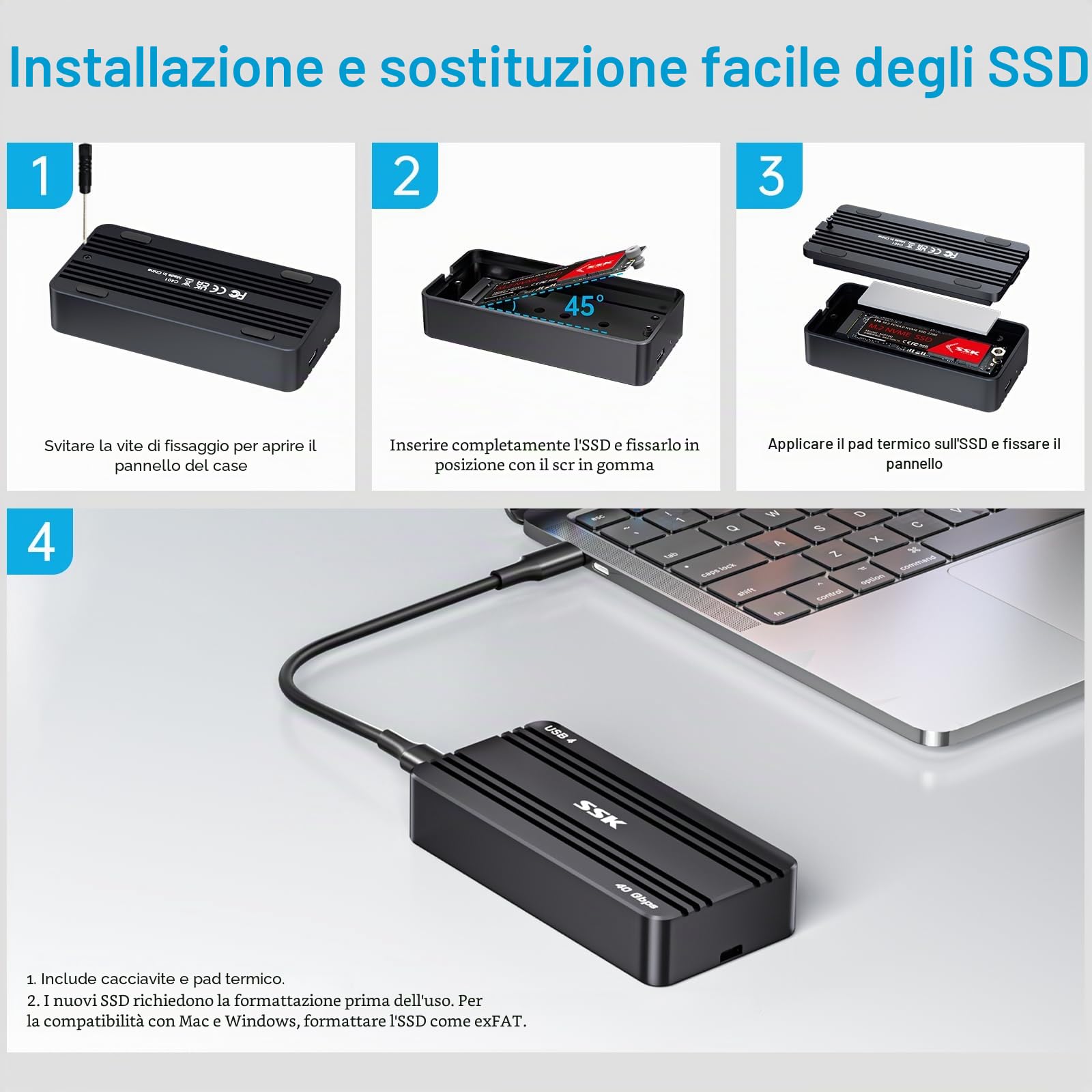 SSK Enclosure NVMe da 40 Gbps, M.2 NVME SSD Enclosure USB4 NVMe Caddy USB C, custodia esterna M2 Supporta 2280/2260/2242/2230 SSD NVME Case Adapter M-Key con indicatore LED Alluminio