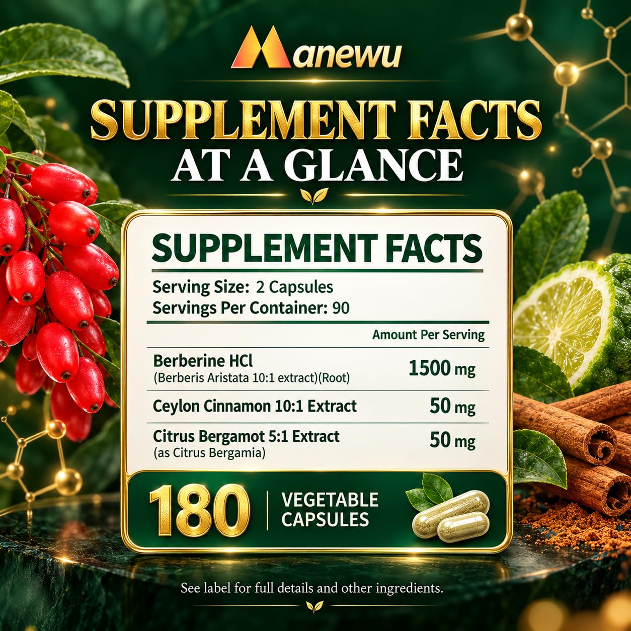 Berberine 1500mg Capsules Ceylon Cinnamon Bergamot Dual Formula 180 Count — Amazon image 6