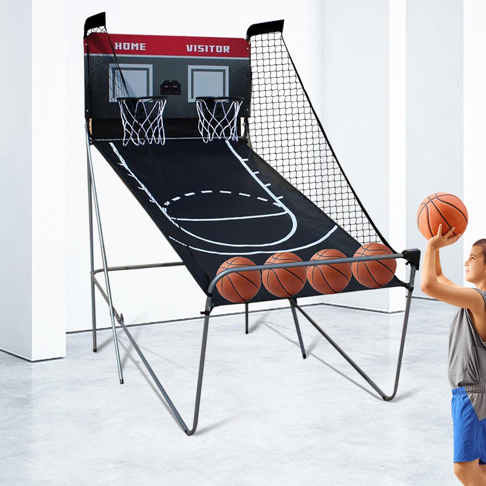 TFCFL Máquina de tiro de baloncesto, canasta de baloncesto con 4 pelotas de baloncesto y bomba, canasta de baloncesto plegable, soporte de baloncesto con contador de puntos, 8 ajustes de juego