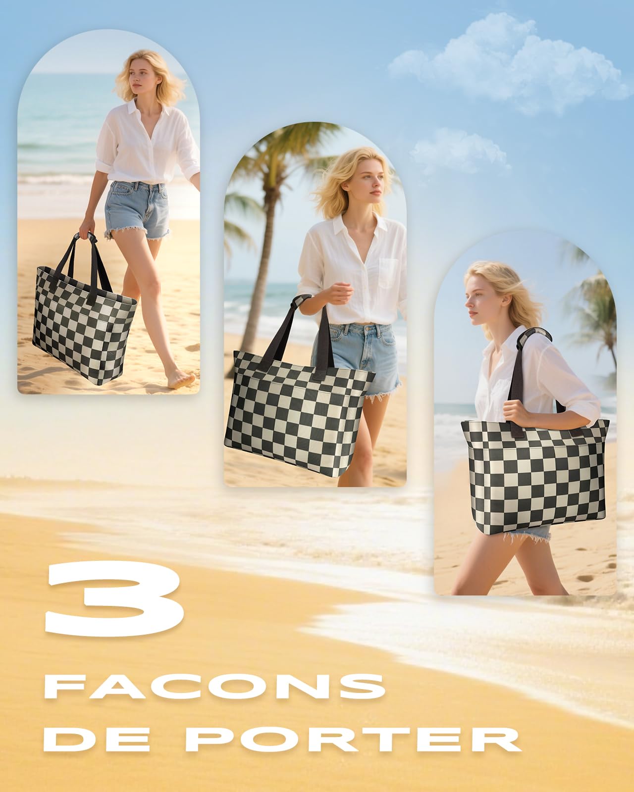 EOIWUY Sac de Plage, 35L Grand Cabas de Plage Étanche et Anti-Sable, Sac a main Femme Tout Voyage Pliables avec Fermeture Éclair et Compartiment Humide, Beach Bag pour Plage, Gym, Quotidien, Voyages