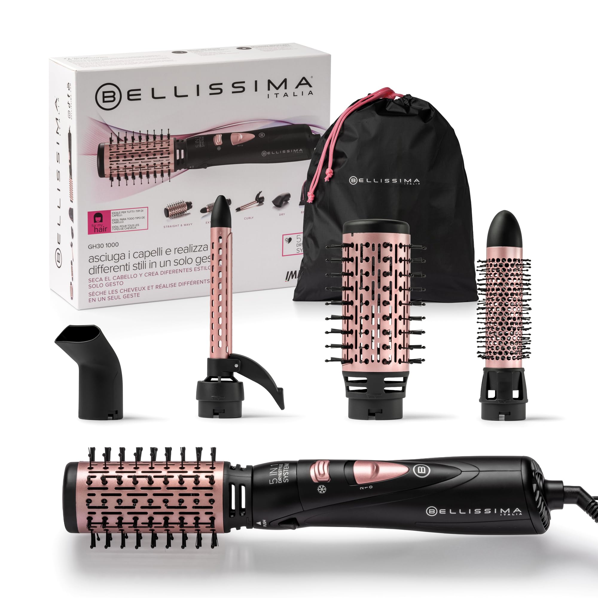Bellissima Imetec GH30 1000 – Spazzola ad aria calda 5 in 1 | 4 accessori per styling liscio, onde e ricci + beauty bag| Spazzole rivestite in ceramica | Spazzola ad aria calda