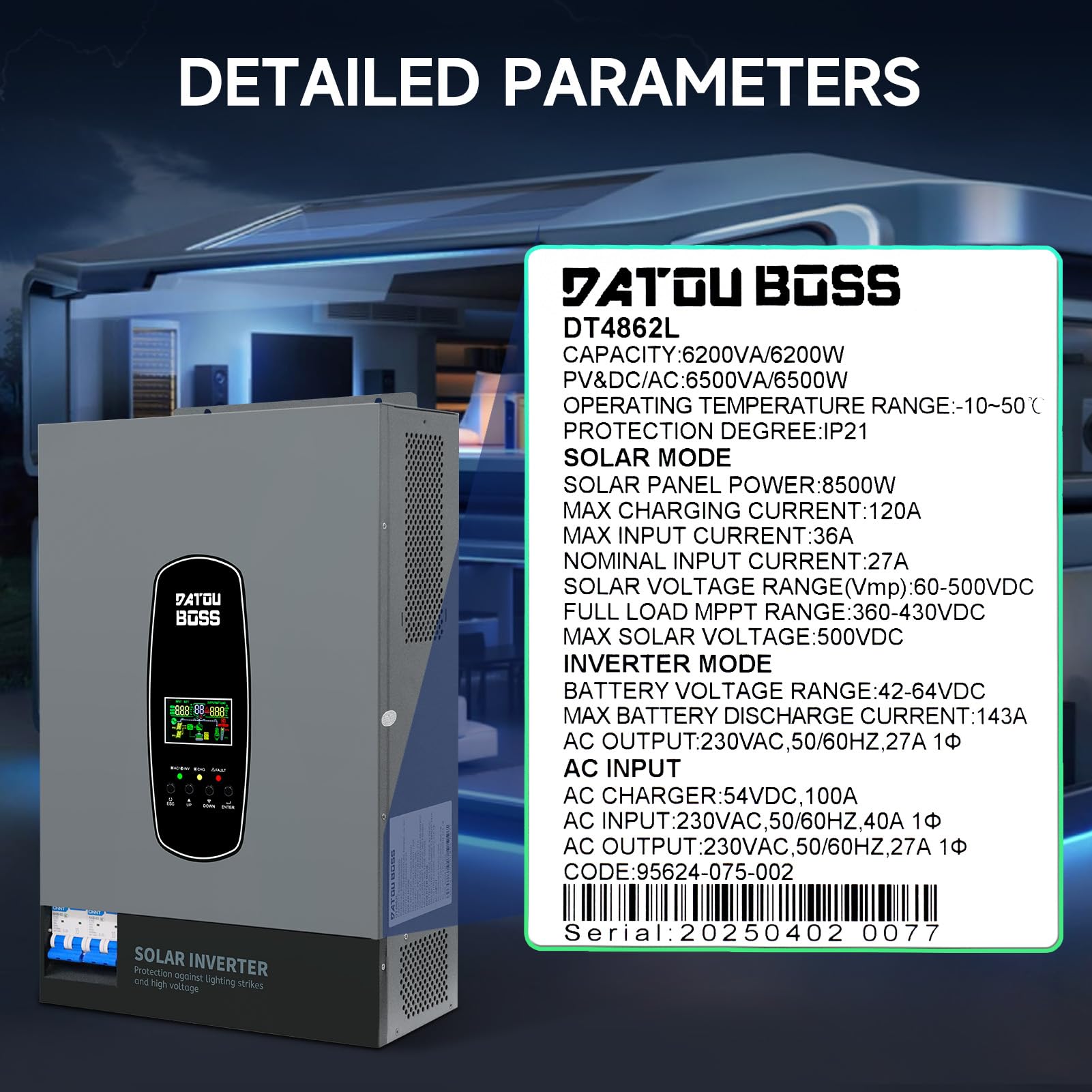 DATOUBOSS Inversor de Corriente Solar híbrido de 6000W,48V CC a 230V CA, inversor de Onda sinusoica Pura,120 A MPPT,Entrada fotovoltaica de 8000W,IP54 y admite Varias Unidades en Paralelo