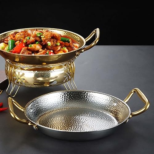 Miniatura 3 de RSBFER Paella española, 304 de acero inoxidable martillado a mano, antiadherente, mariscos con doble asa para hogares o restaurantes, plata, 10.2 in