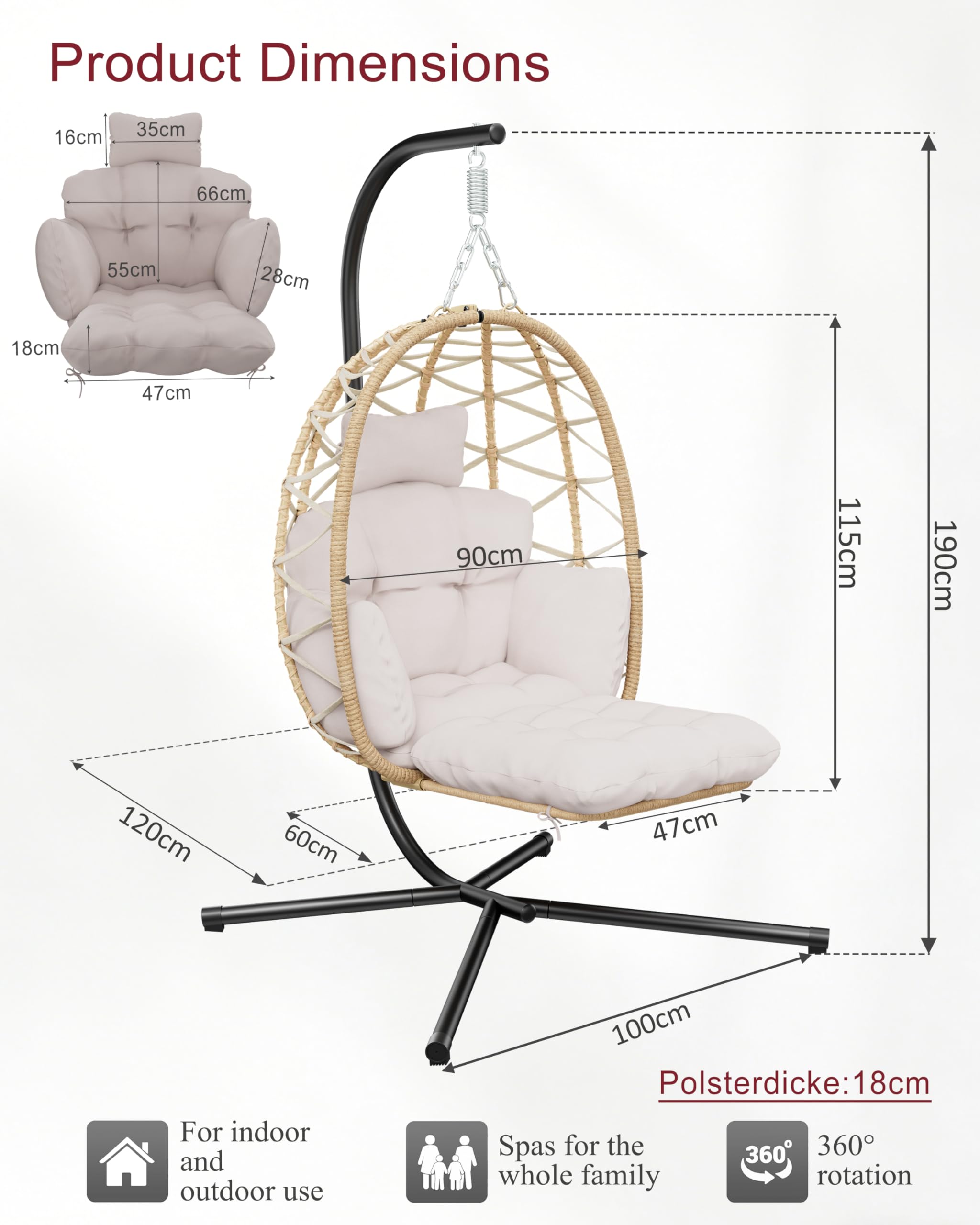 Silla colgante con estructura, reposapiés, silla colgante, en ratán para interiores y exteriores, columpio colgante para jardín, terraza, cuarto de niños, rincón de lectura, hasta 150 kg