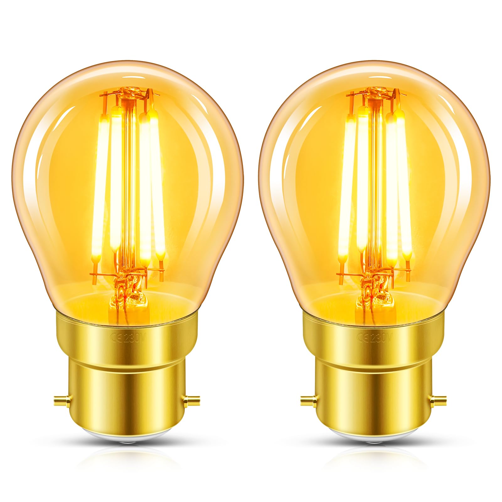 Caldarax B22 Bayonet Vintage Light Bulb, 4W LED Filament Equivalent 40 Watt, Antique Style Retro Amber Glass 2200K Warm White, 400LM, Non-dimmable, Golf Ball G45 Bulb, BC Bayonet Cap, 2 Packs