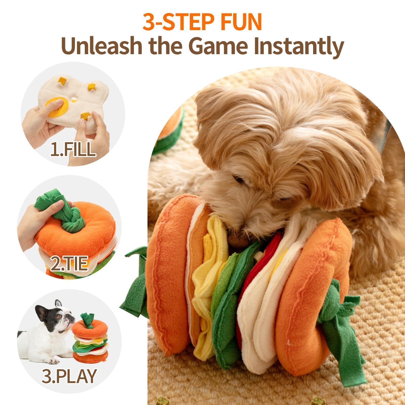 Colcolo Dog Snuffle Hamburger Puzzle-Spielzeug, tragbare Bereicherung, interaktives quietschendes Hundespielzeug für kleine Tiere, kleine, mittelgroße und