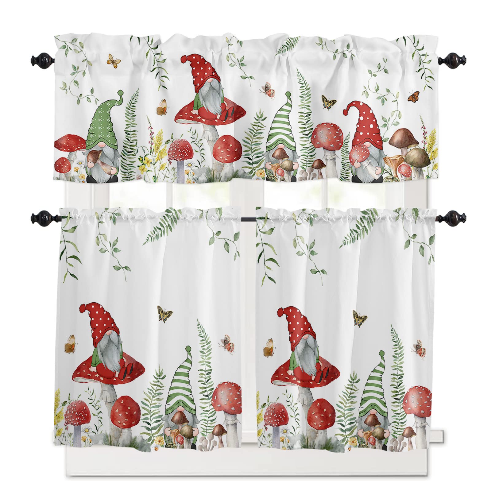 Anzona Kitchen Curtain Tiers and Valance Set of 3, Mushroom Wildflower Polyester Window Curtain Set, Green Gnomes Butterfly Spring Curtain Drapes for Kitchen, Cafe, 54''x18'' + 27.5''x24''x2