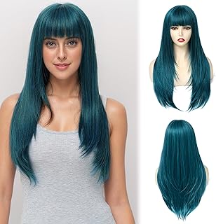 PARXITN Peluca para mujer, 60 cm, pelo largo y liso, con flecos, color azul oscuro, moda de aspecto natural, peluca sintética para uso diario