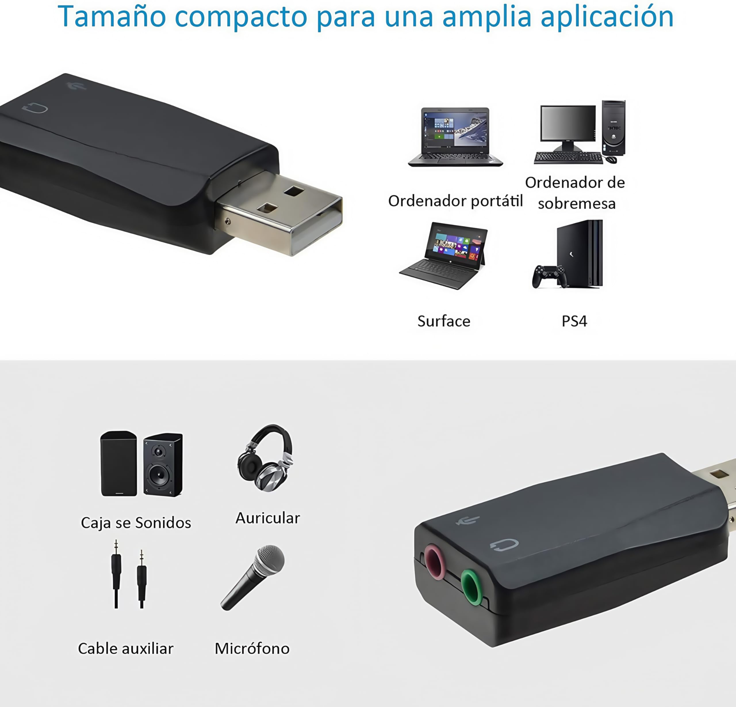 Adaptador de Audio estéreo 3D USB Externo con Altavoz de 3,5 mm, Auriculares, micrófono, Tarjeta de Sonido USB, instalación sin Controlador para Win Mac OS Linux PS4