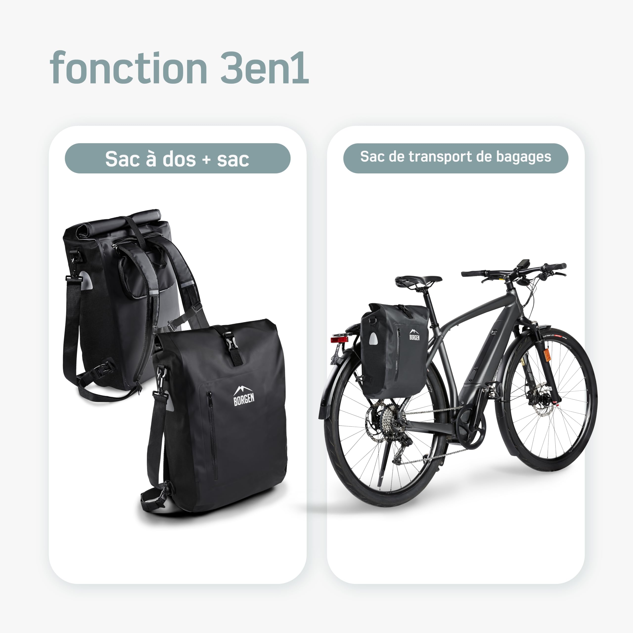 Sacoche de vélo Borgen pour Porte-Bagages I 25 L - 100% imperméable - Poignée et bandoulière - Sacoches arrière de vélo, sacoches de vélo pour Porte-Bagages, Sacoche pour Porte-Bagages