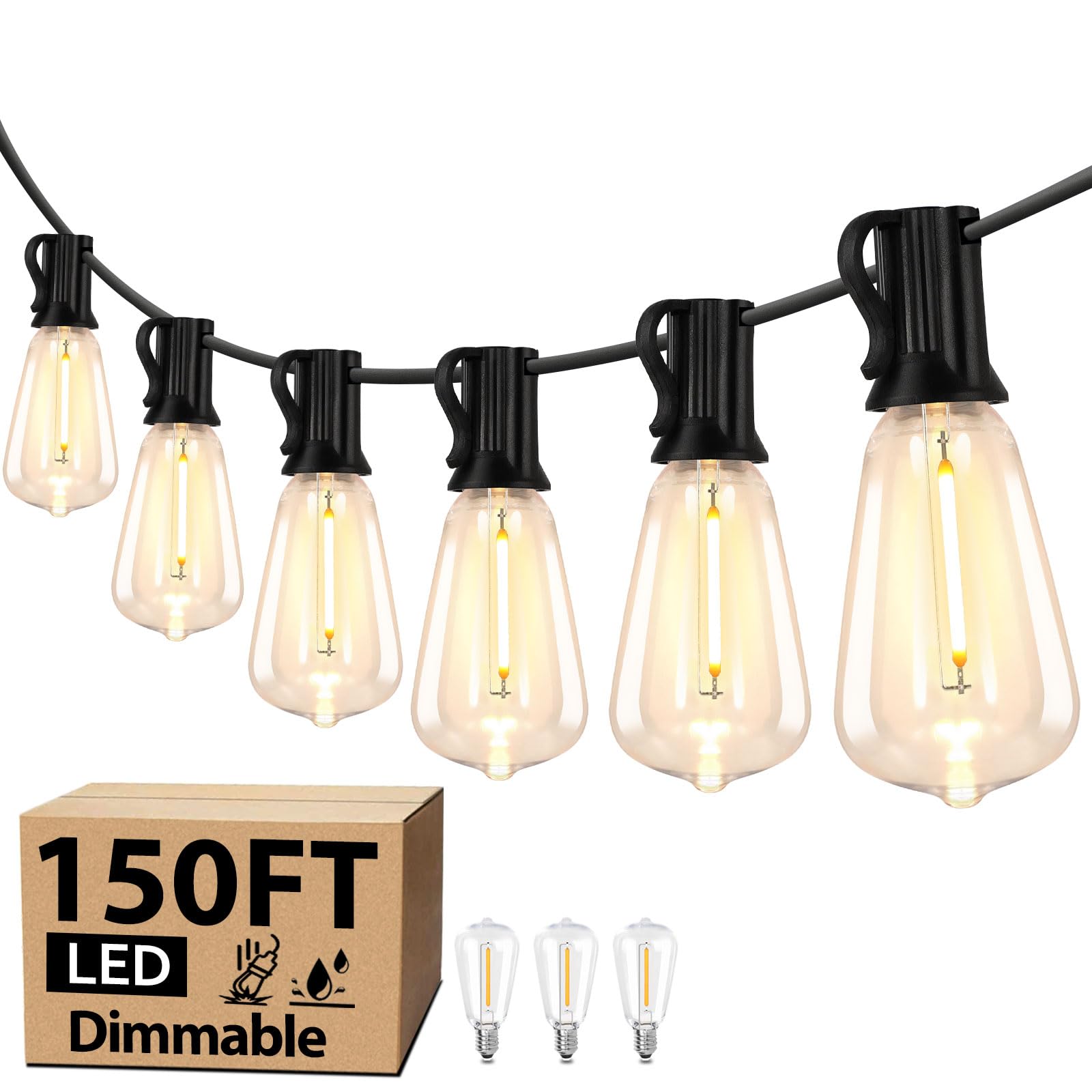 エジソン電球150球&ストリングライトまとめ売り（防雨型） 防雨型LEDストリングライト 15M 25個LED電球付き E12口金 2700K電球色