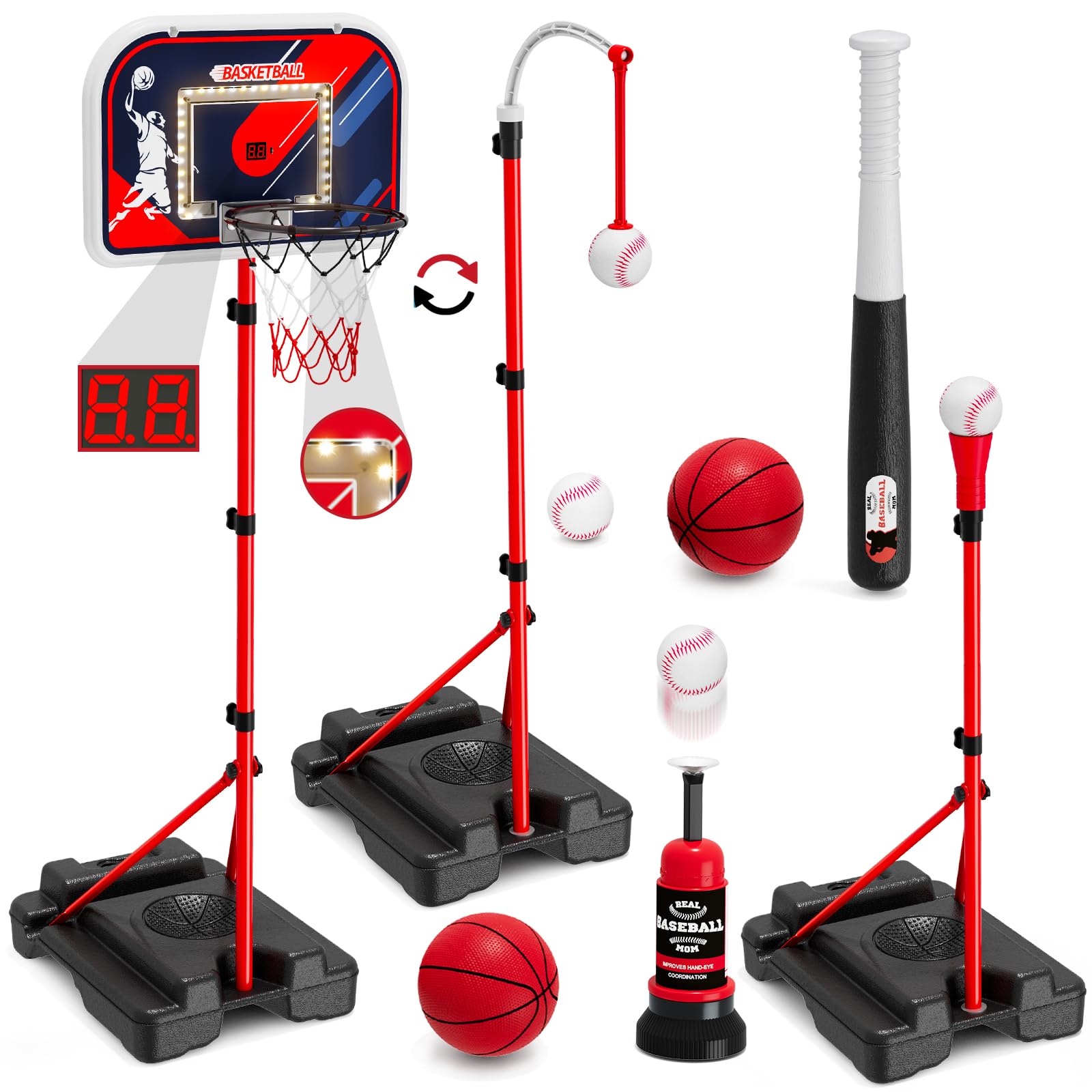 hyes 4 in 1 kids basketball hoop and tball set for toddlers 3-5, basketball goal with scoreboard & led, hanging tee ball stand with pitching machine, indoor outdoor sport toys for boys girls 3-8