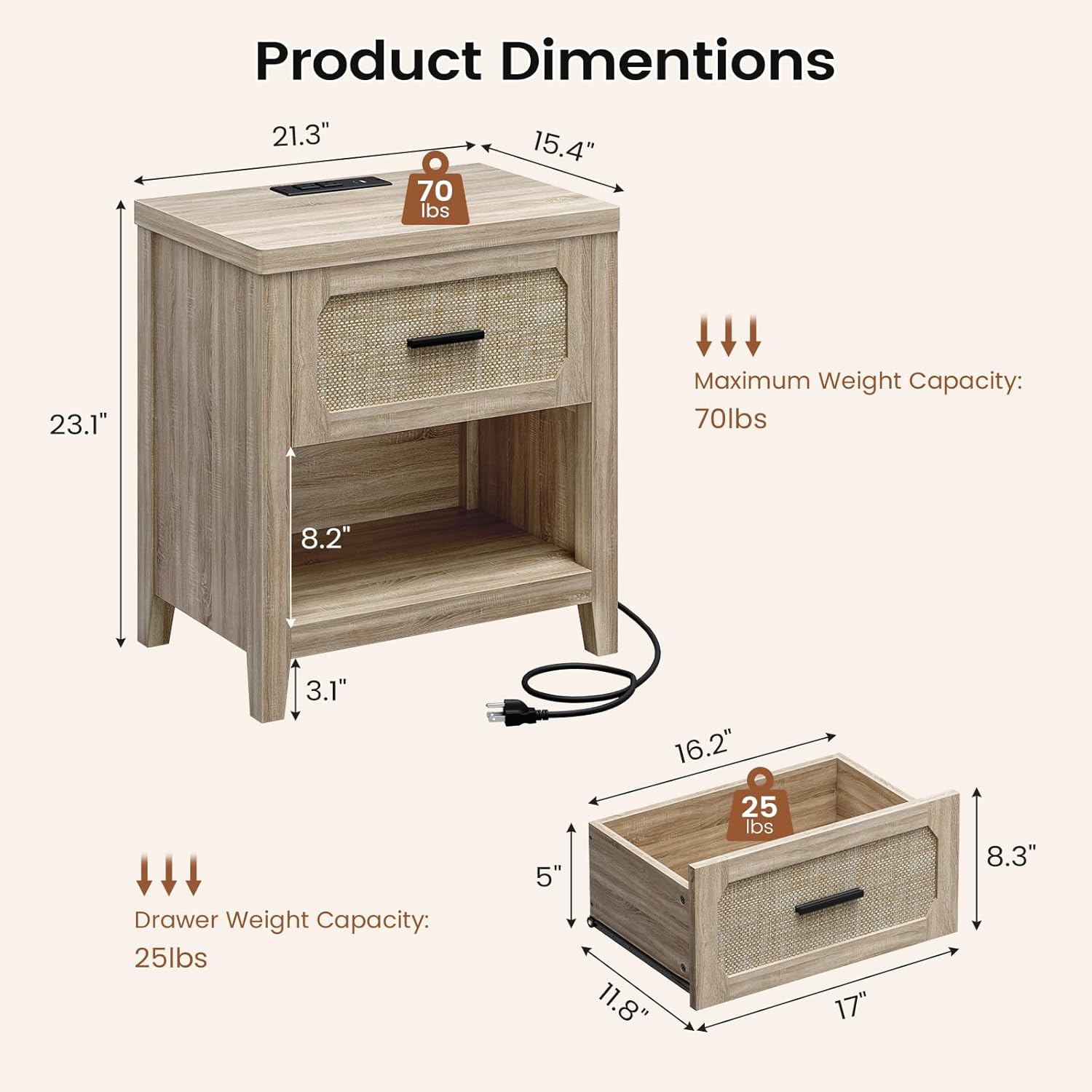 Rattan Nightstand Set of 2 with Charging Station, 22'' Wide Bedside Table with Drawer & Open Shelf, Wood Night Stand End Side Table with Storage for Bedroom, Grey Oak