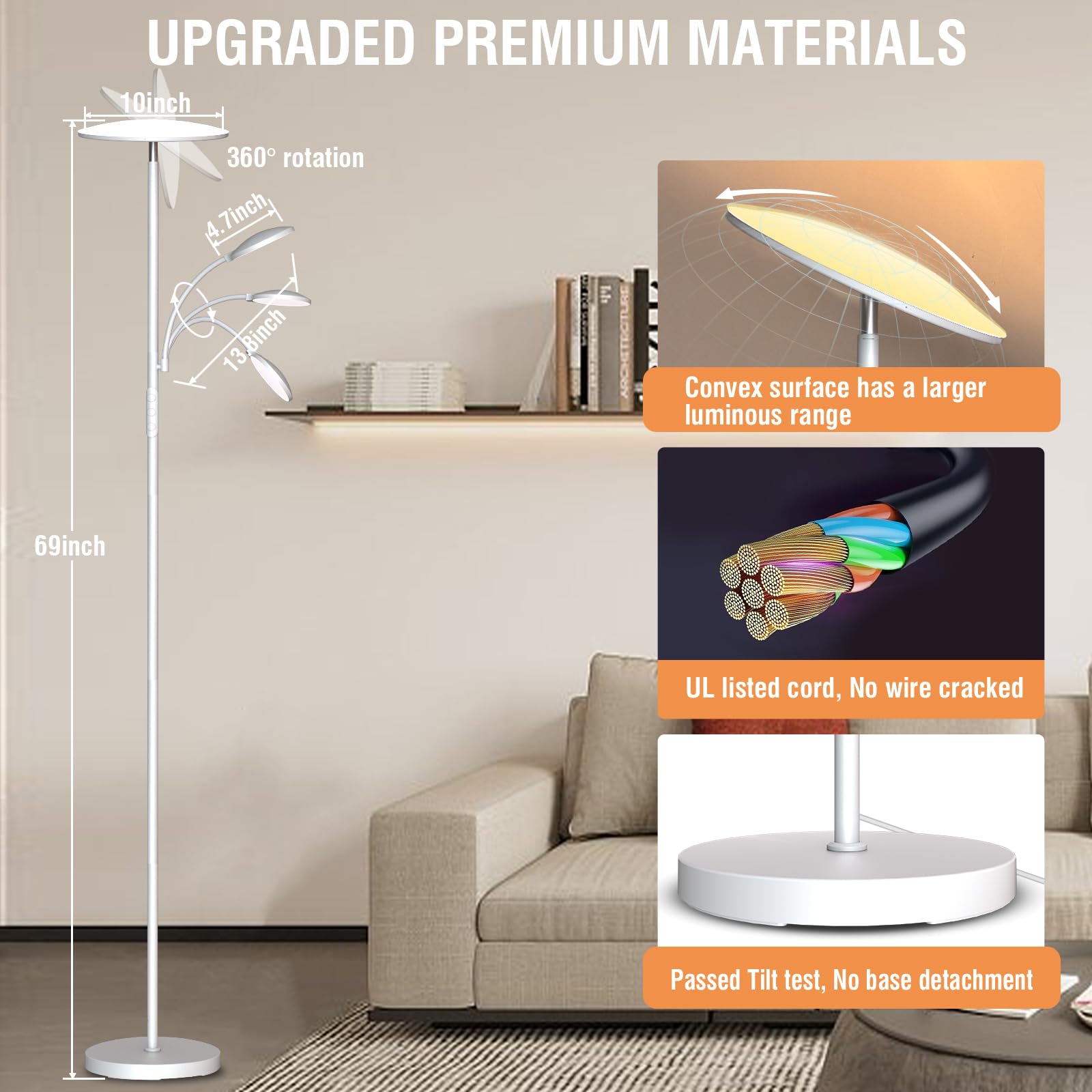 Weiß - Lampada da terra a LED, 44 W, 4500 lm, super luminosa, da soggiorno, dimmerabile, 2700 K-6500 K, da lettura, con telecomando e controllo tattile