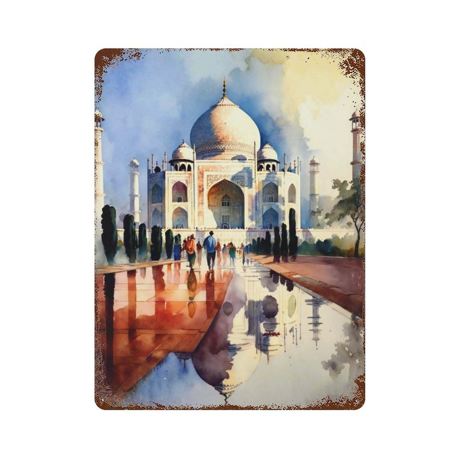 Watercolor Taj Mahal Vintage Rust Metal Sign 15.7"x11.8", Farmhouse Wall Decor for Garage, Pub Or Kitchen
