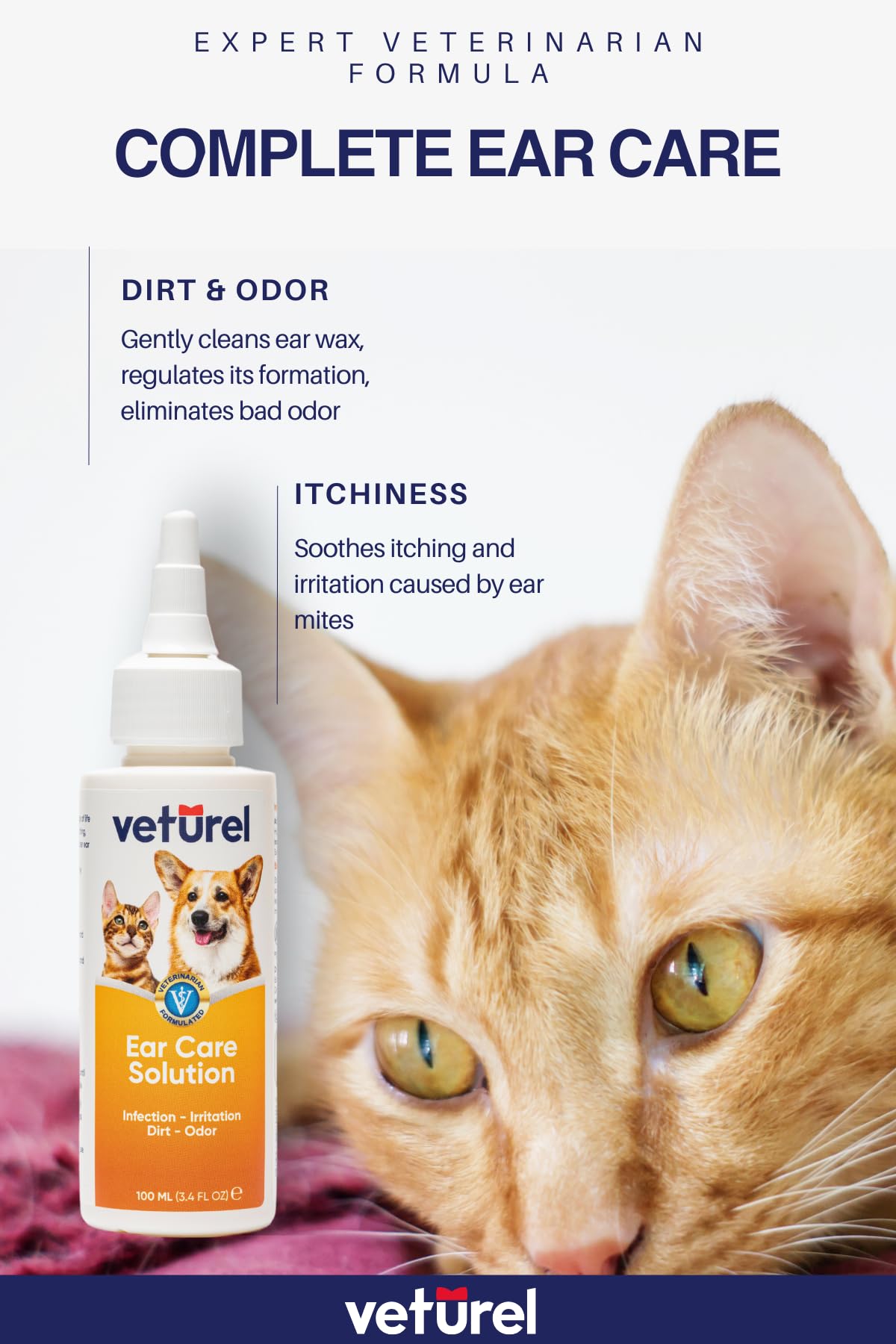 Veturel Gentle Dog Ear Care - Dog Ear Odor - Dog Ear Cleaner - Ear Wash for Dogs - Cat and Dog Ear Cleaning Solution - Soothes Itchy Ears - Removes Ear Wax - Cat Ear Care 3.4 oz