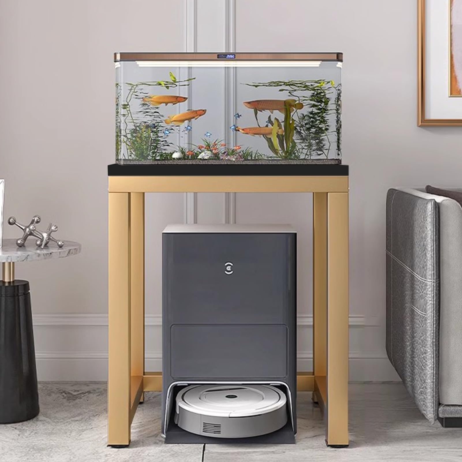 Fish Tank Stand Heavy Duty Fish Tank Table for Home, Decorative Aquarium Bracket for Storage Sweeping Robot, Floor Standing Turtle Shelf Rack Holder with Gold Frame(Black,40x40 cm (15 3/4 x 15 3/4"))