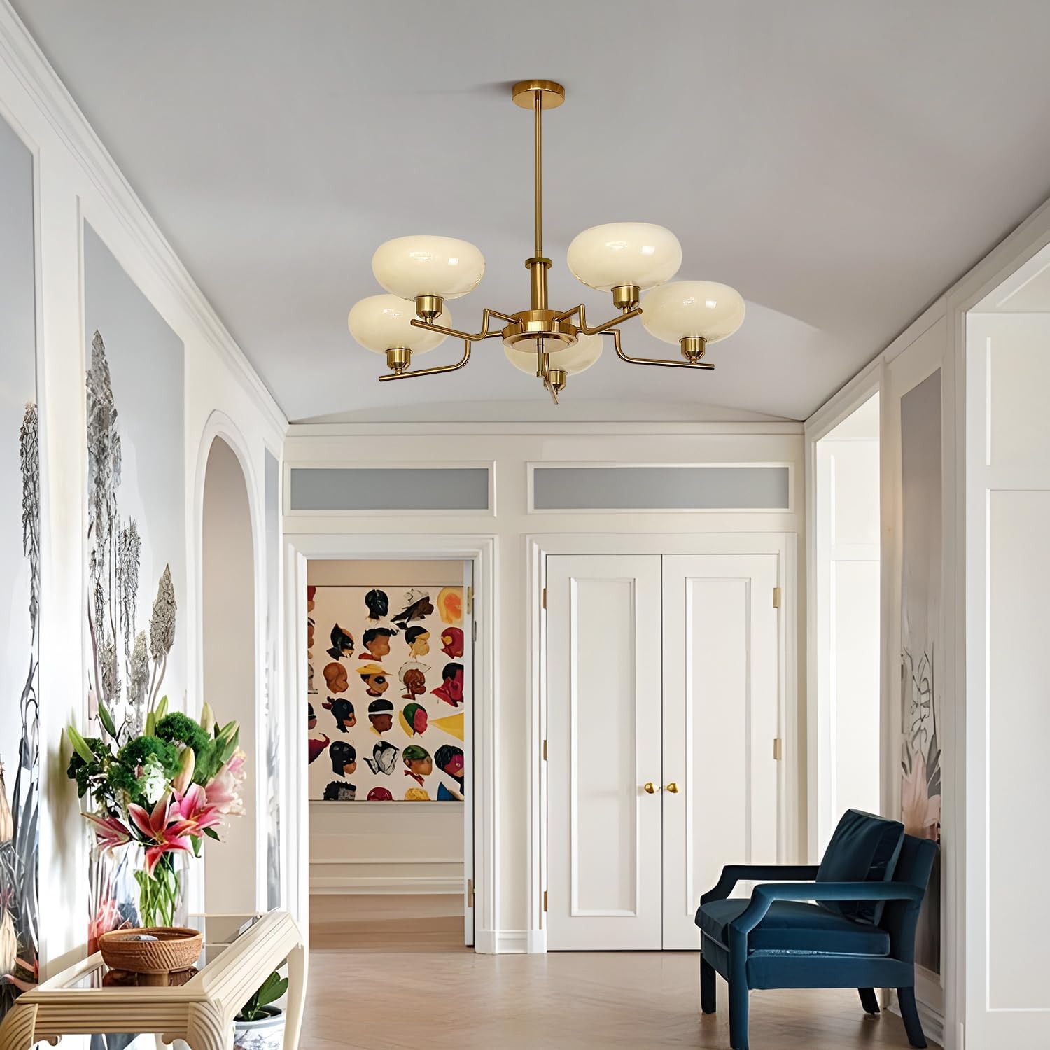 Mid Century Hanging Modern Chandelier, 5-Light Sputnik Globe Glass Ceiling Light Fixture Adjustable Hanging Farmhouse Chandelier with Cream Yellow Glass Shades for Dining Room Living Room Bedroom